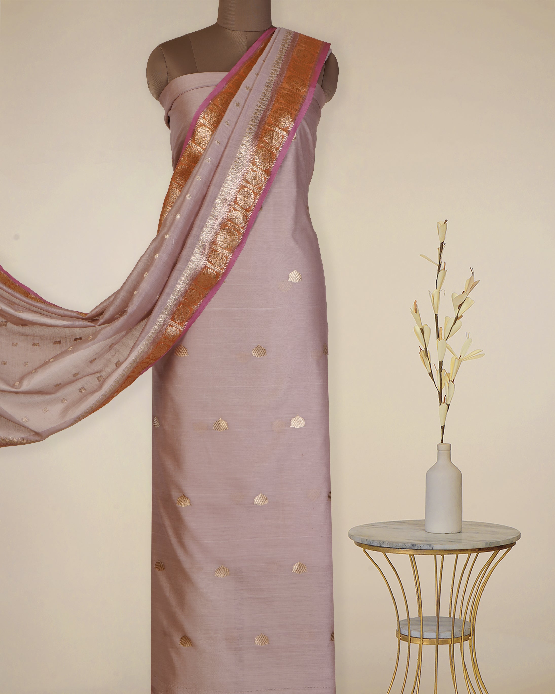 Sepia Rose-Gold Booti Pattern Fancy Handwoven Chanderi Unstitched Suit Set (Top & Dupatta)