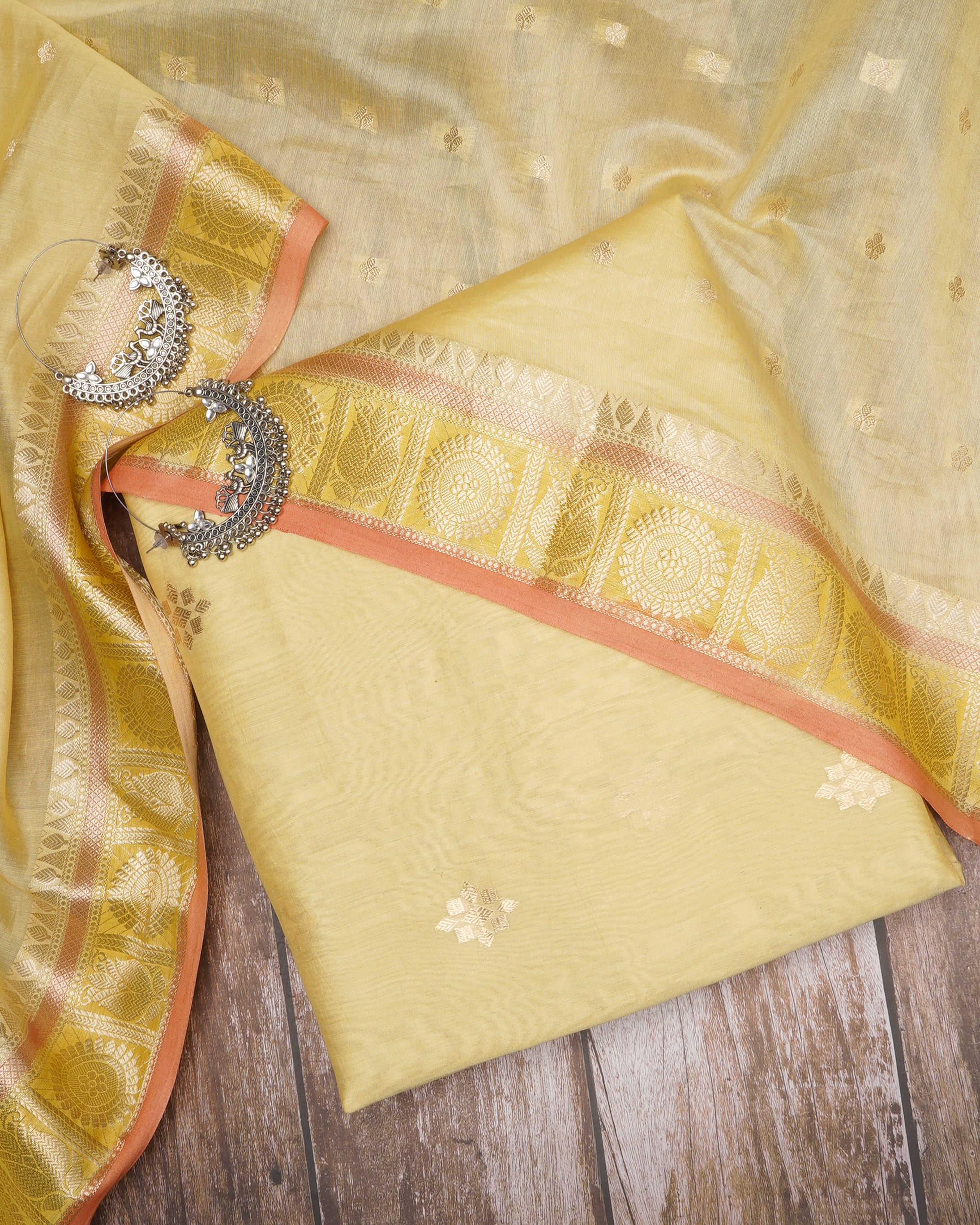 Lemon Drop-Gold Booti Pattern Fancy Handwoven Chanderi Unstitched Suit Set (Top & Dupatta)
