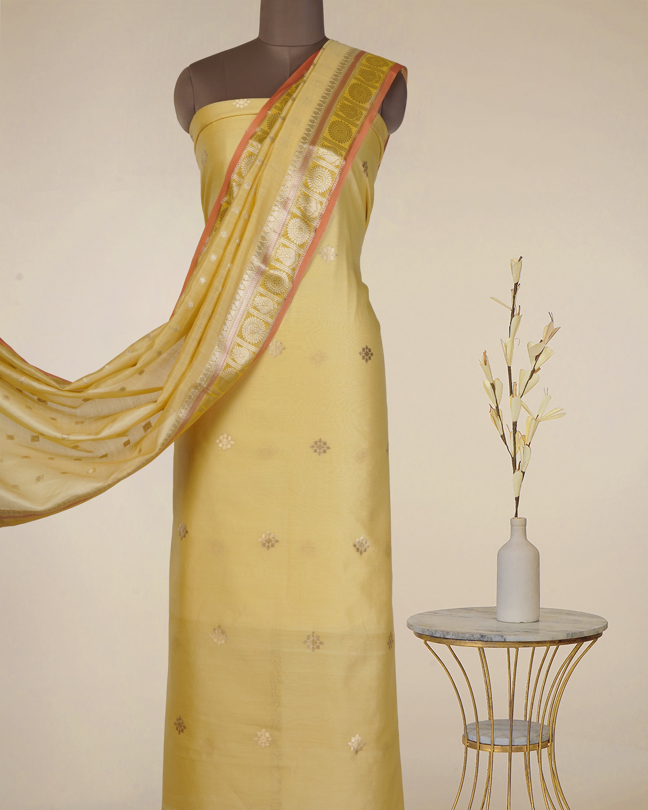 Lemon Drop-Gold Booti Pattern Fancy Handwoven Chanderi Unstitched Suit Set (Top & Dupatta)