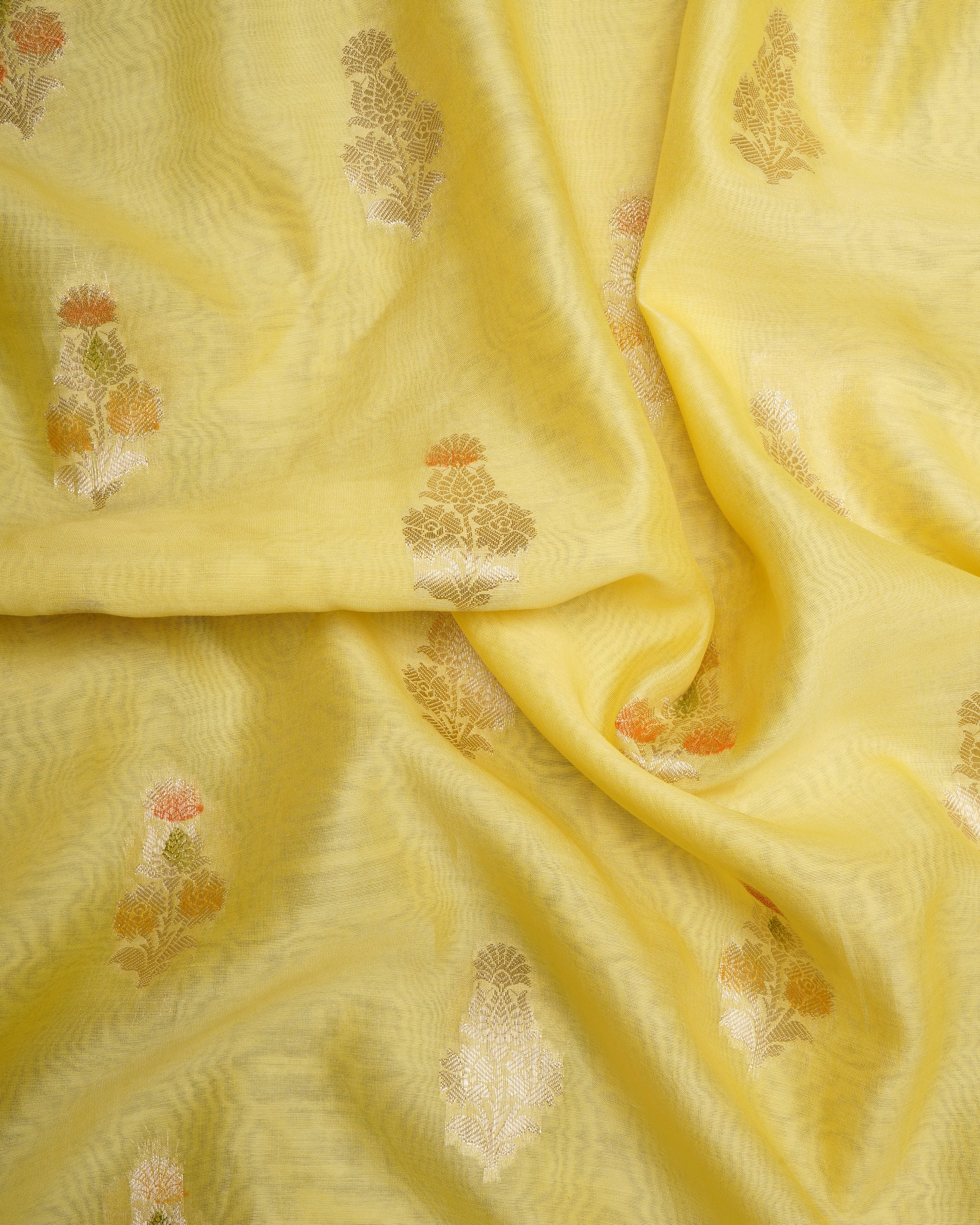 Yellow-Pink Booti Pattern Fancy Handwoven Chanderi Unstitched Suit Set (Top & Dupatta)