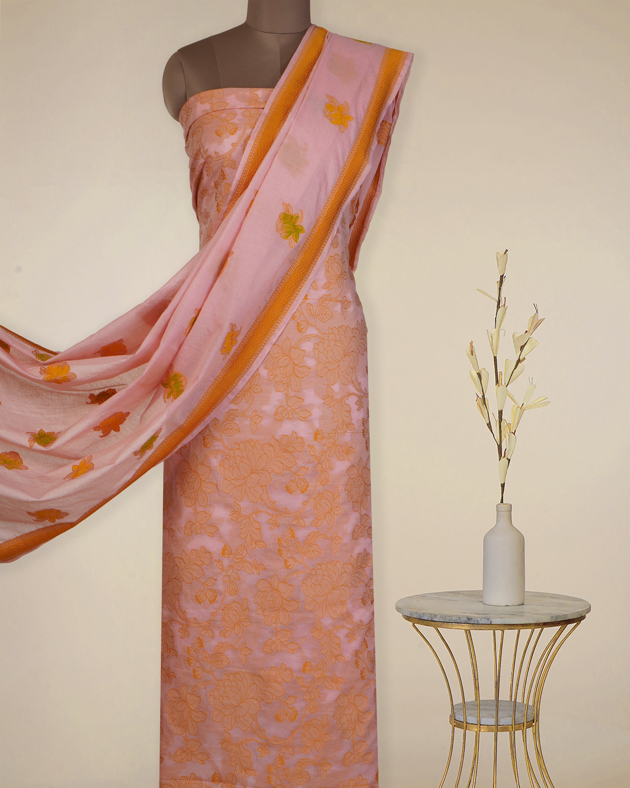 Pink-Yellow Floral Pattern Fancy Handwoven Chanderi Unstitched Suit Set (Top & Dupatta)