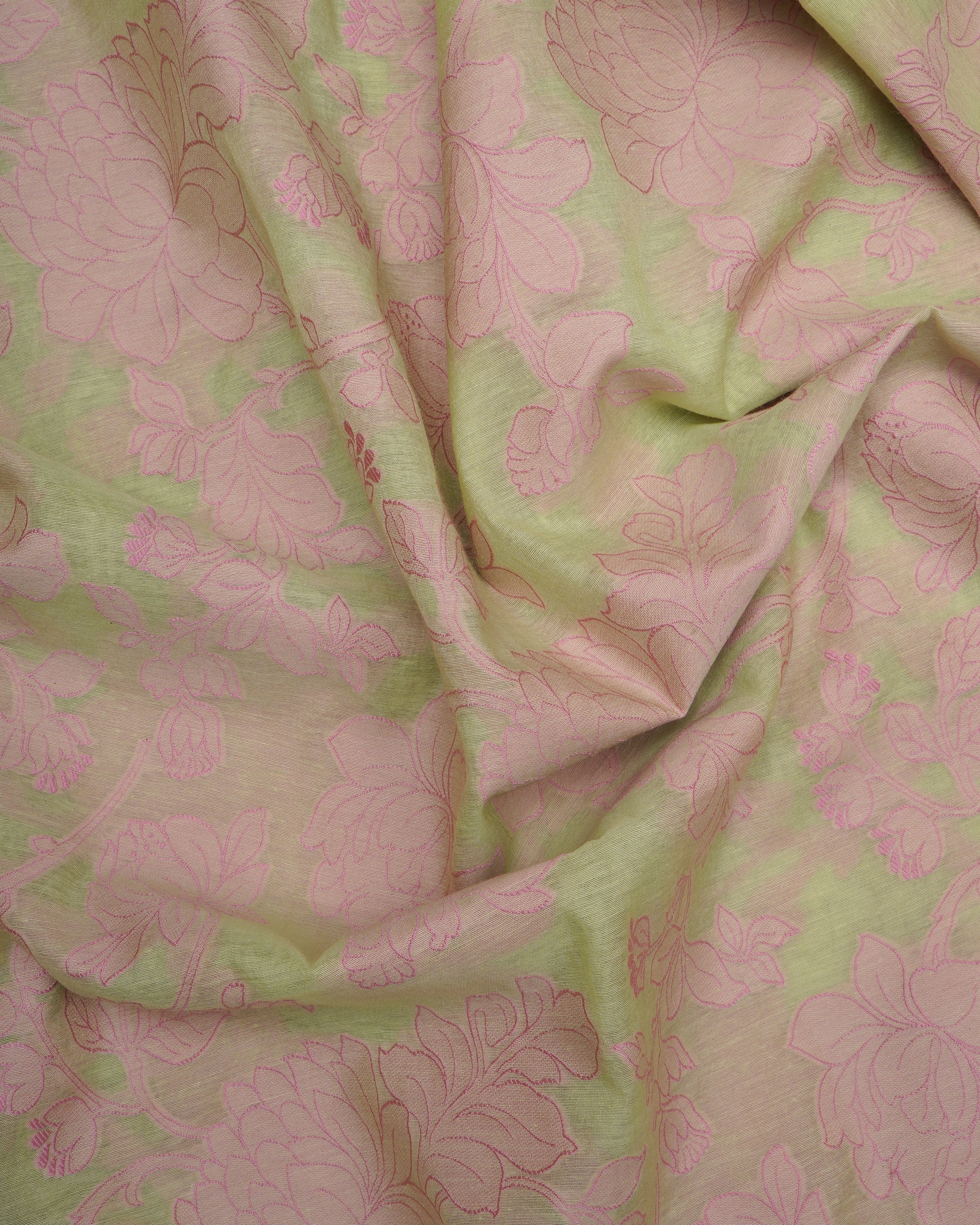 Lime Green-Light Pink Floral Pattern Fancy Handwoven Chanderi Unstitched Suit Set (Top & Dupatta)