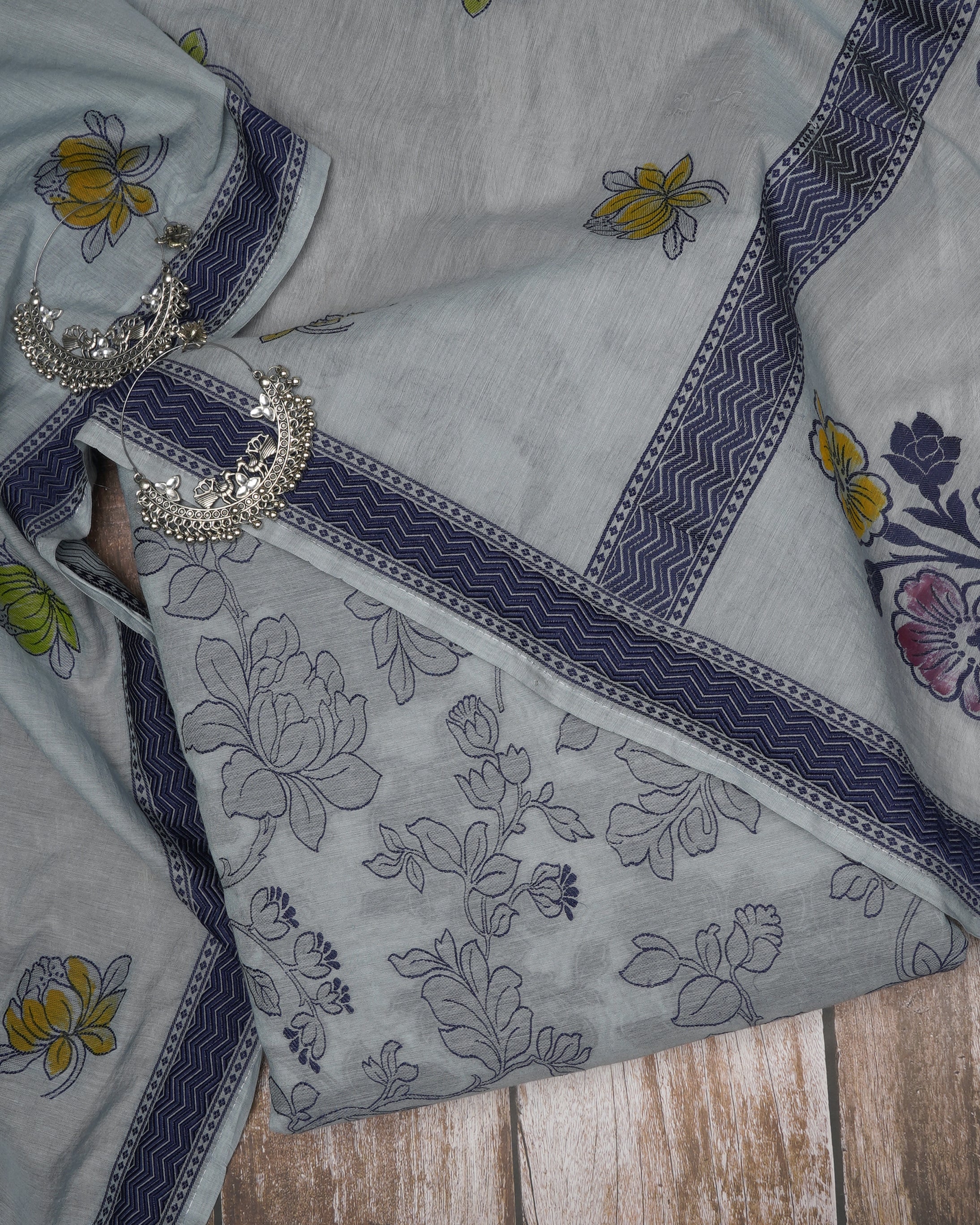 Grey Floral Pattern Fancy Handwoven Chanderi Unstitched Suit Set (Top & Dupatta)