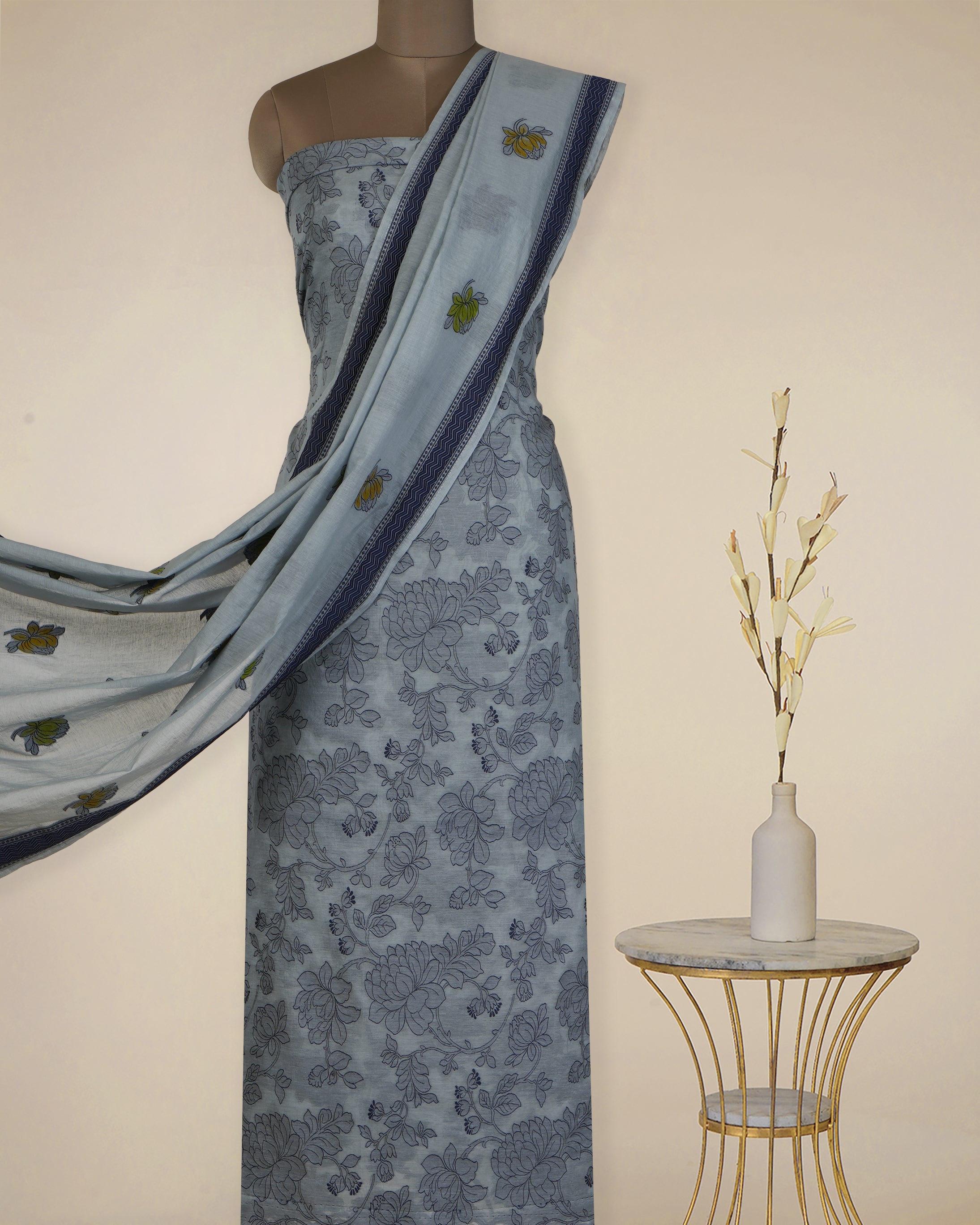 Grey Floral Pattern Fancy Handwoven Chanderi Unstitched Suit Set (Top & Dupatta)