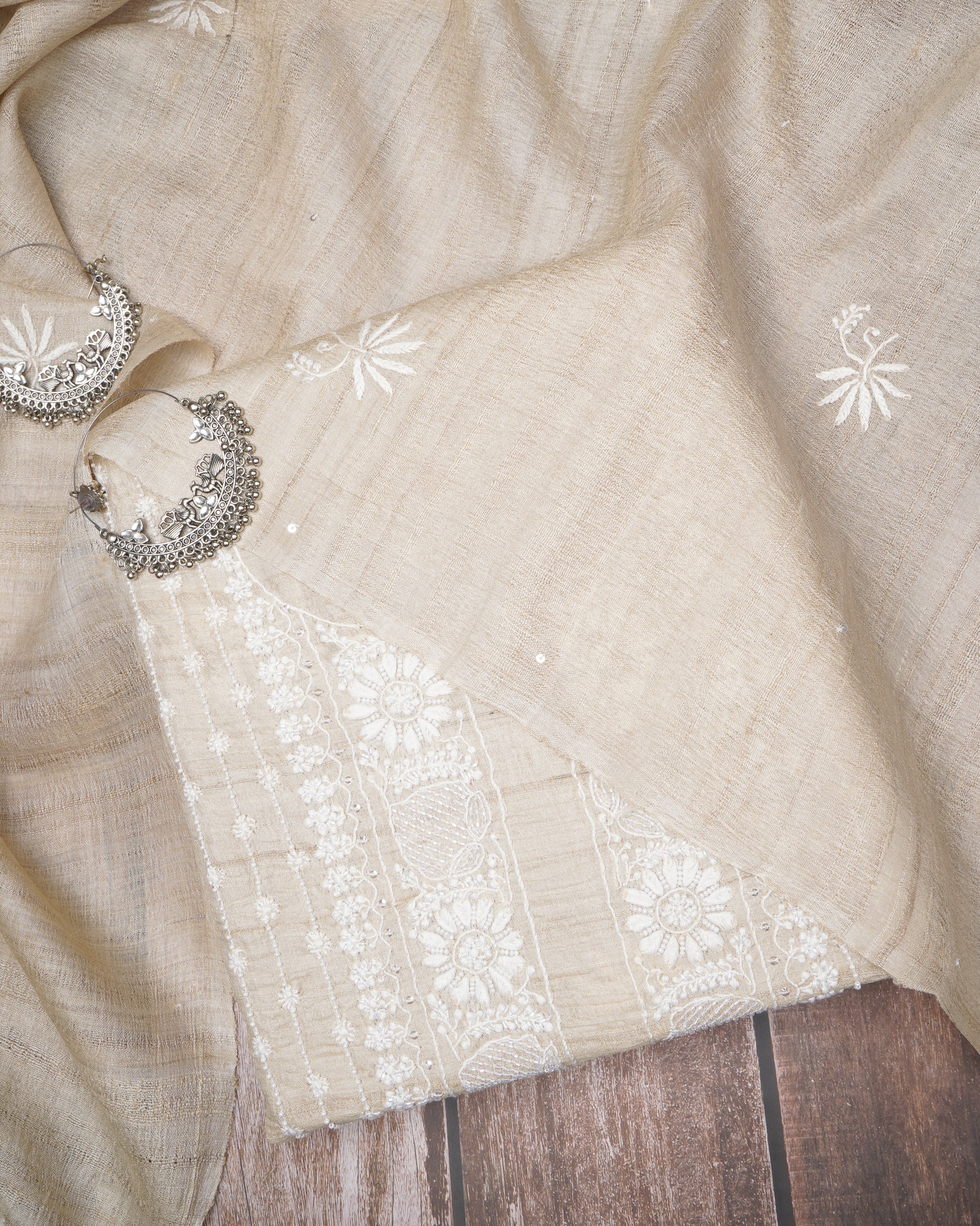 Beige Handcrafted Chikankari Tusser Silk Unstitched Suit Set (Top & Dupatta)