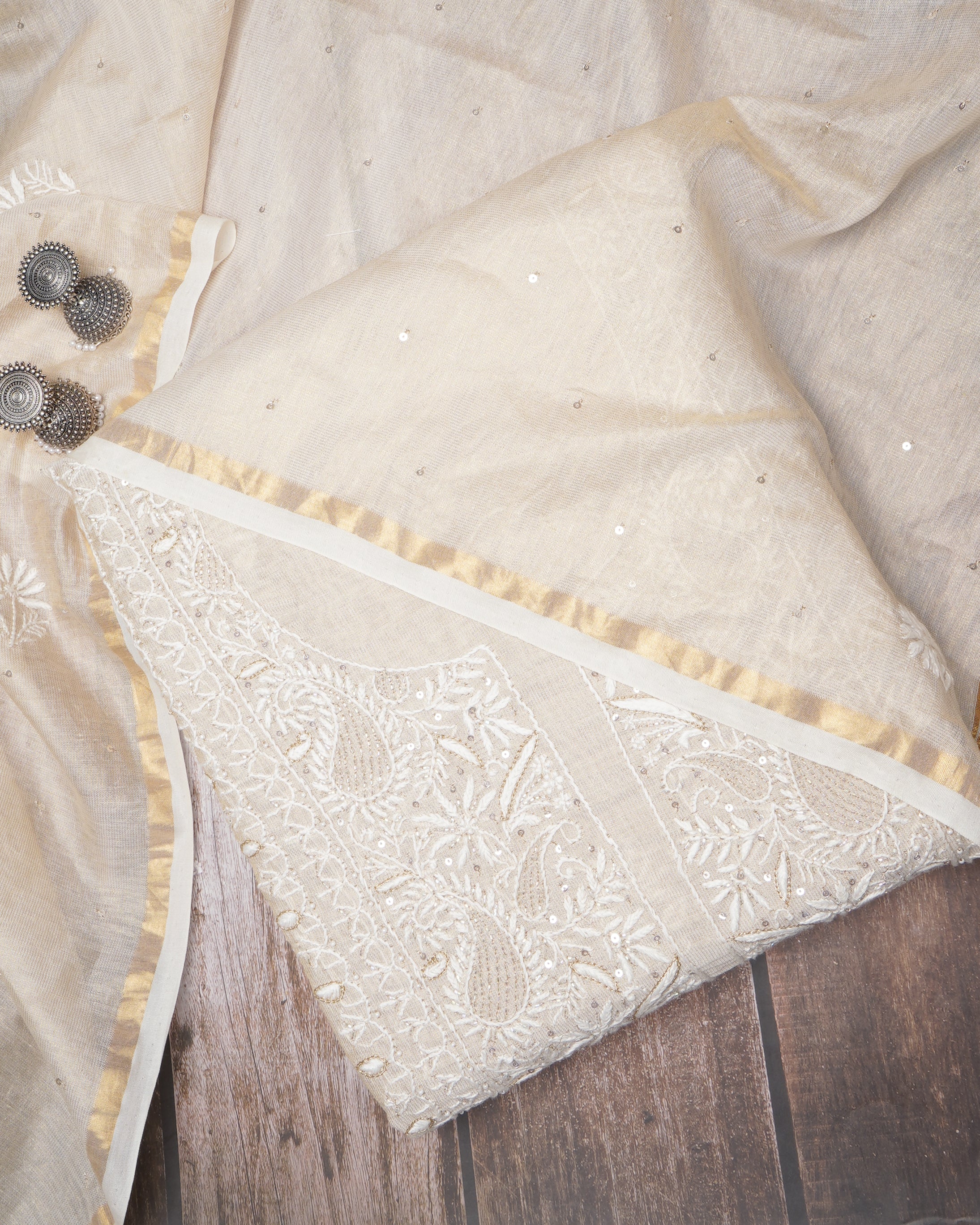 Beige Handcrafted Chikankari Tissue Chanderi Unstitched Suit Set (Top & Dupatta)