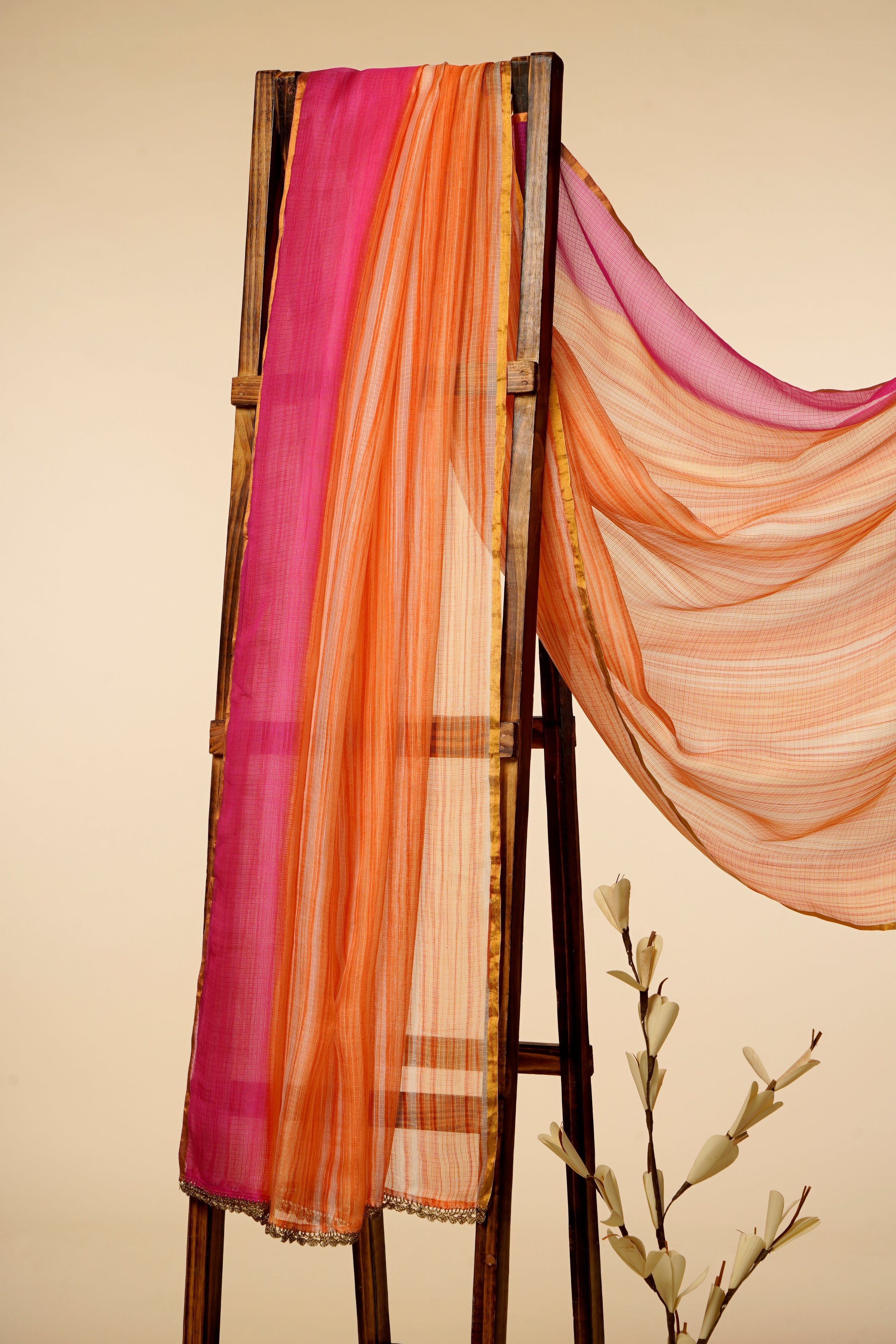 Orange-Pink Color Kota Silk Dupatta With Zari Border