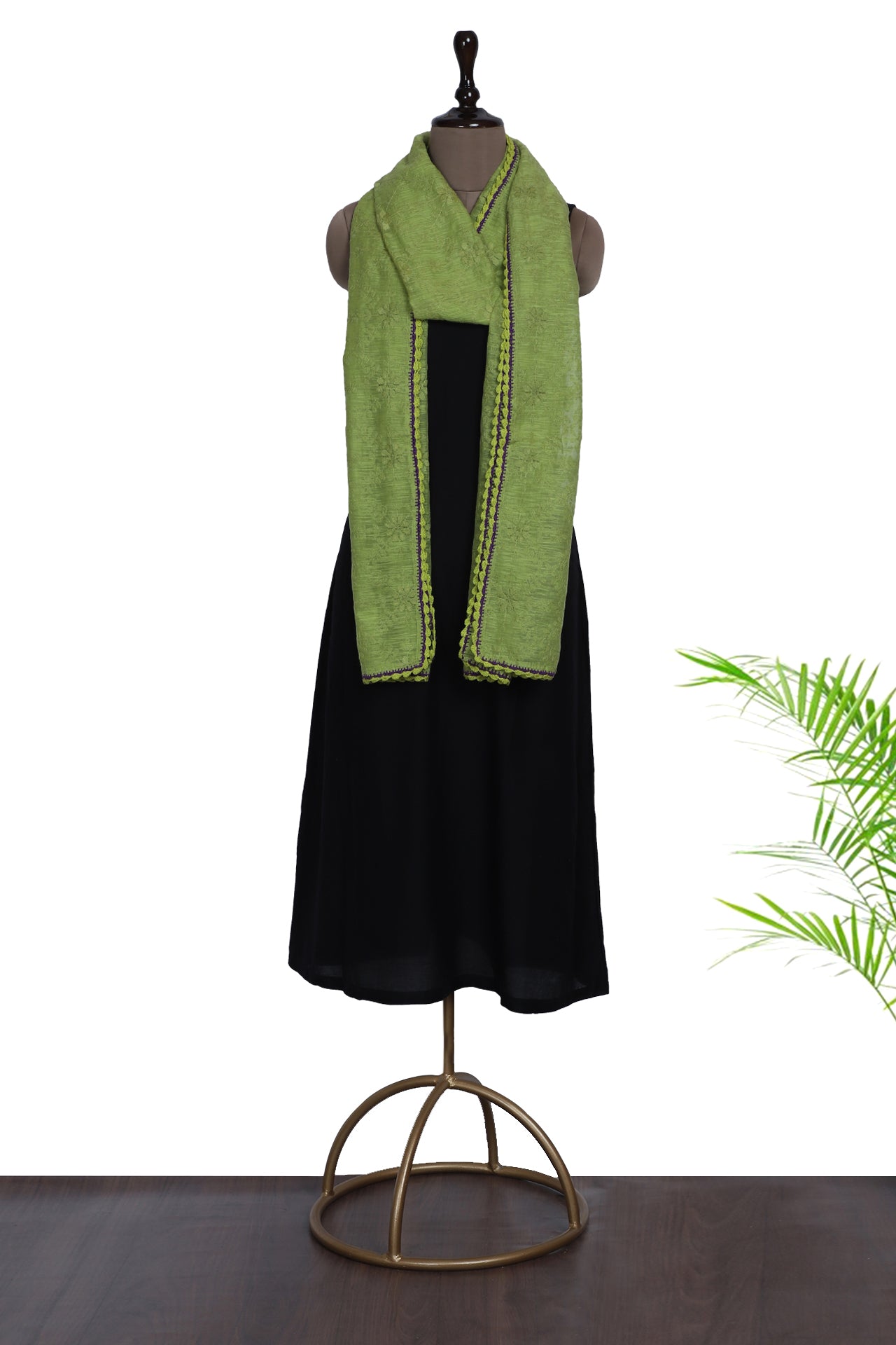 Green Color Embroidered Chanderi Stole with Crochet Border