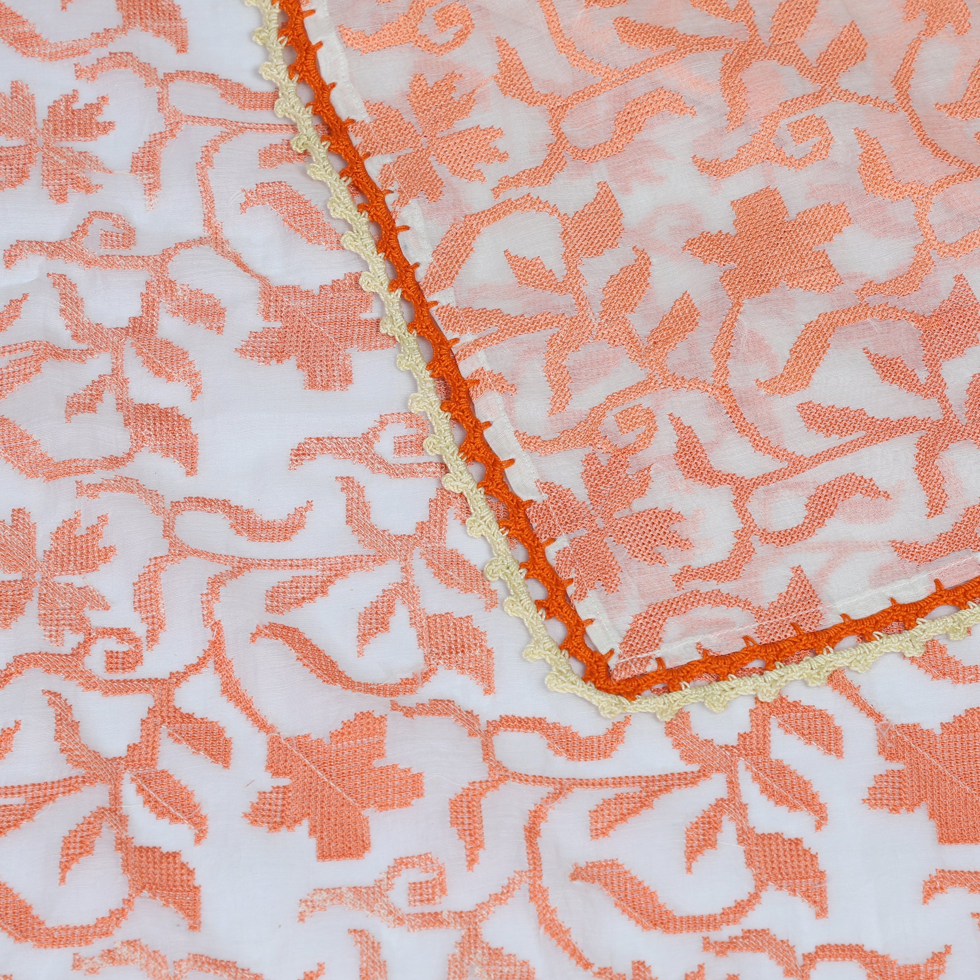 White-Orange Color Embroidered Chanderi Stole with Crochet Border