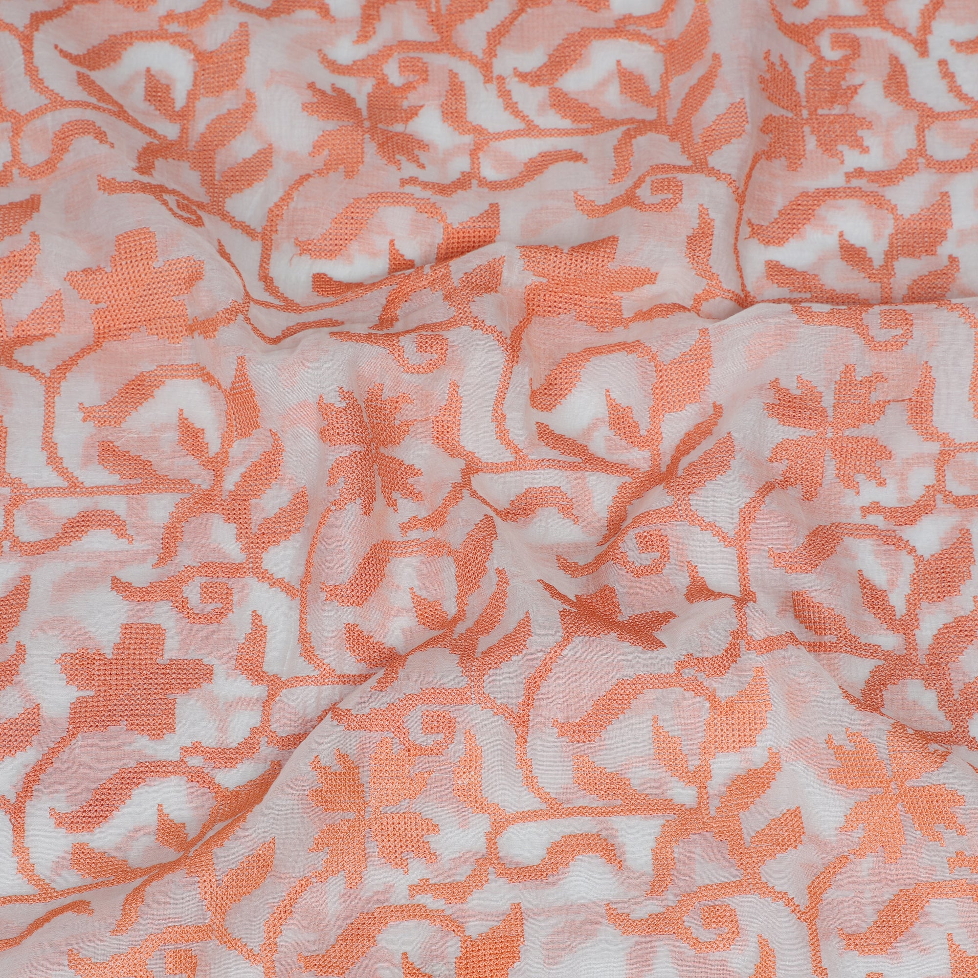 White-Orange Color Embroidered Chanderi Stole with Crochet Border