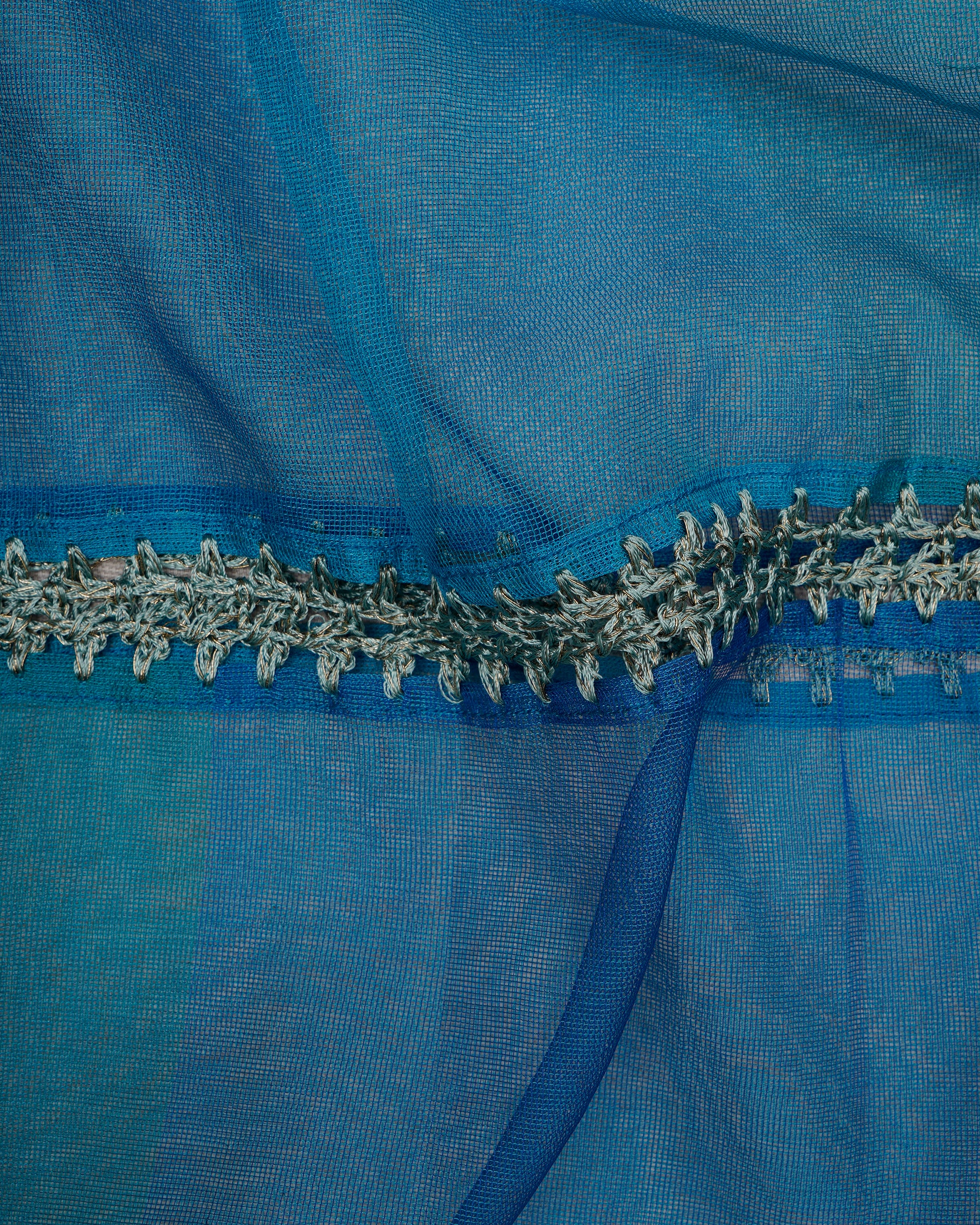Blue Color Nylon Net Stole with Crochet Border