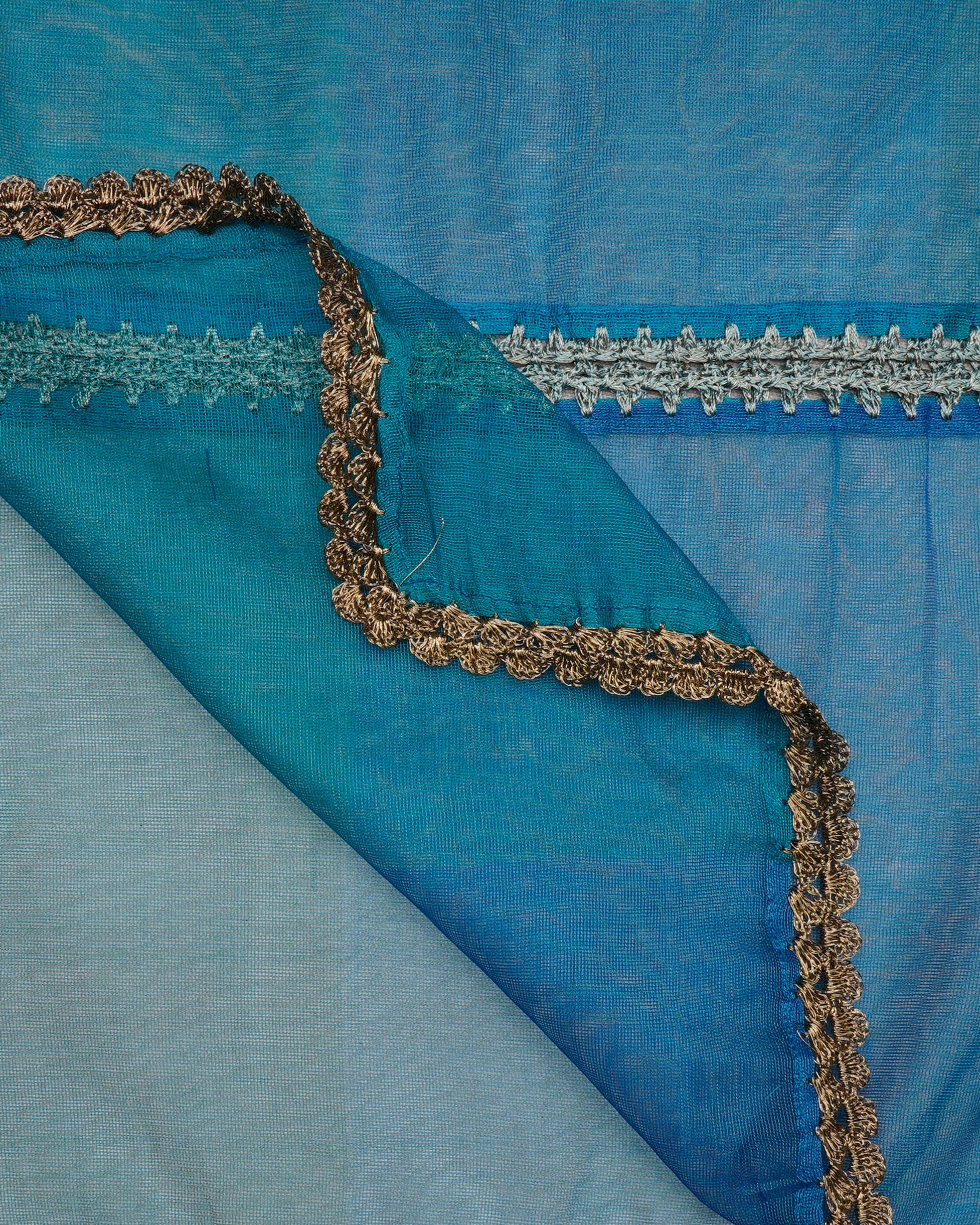 Blue Color Nylon Net Stole with Crochet Border