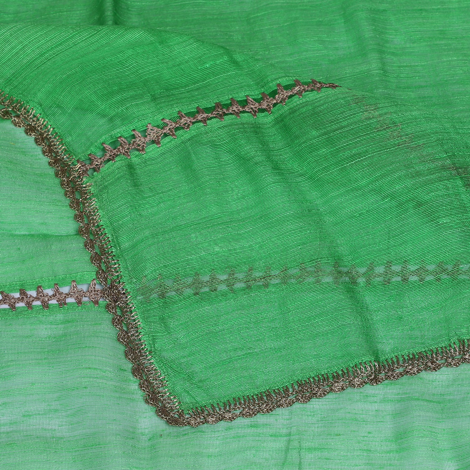 Lawn Green Color Nylon Net Stole with Crochet Border