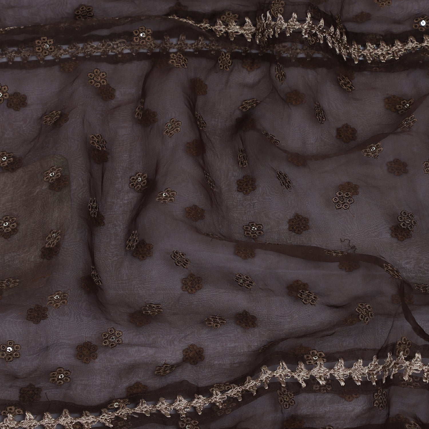 Dark Brown Color Embroidered Organza Silk Stole with Crochet Boarder