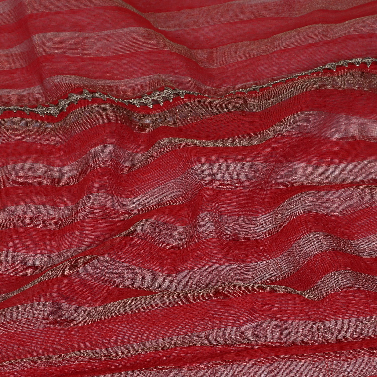 Red-Golden Color Nylon Net Stole with Crochet Border