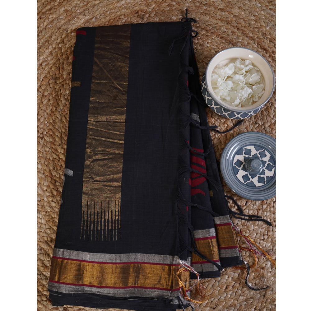 Black Color Handwoven Jacquard Cotton Saree With Blouse Piece