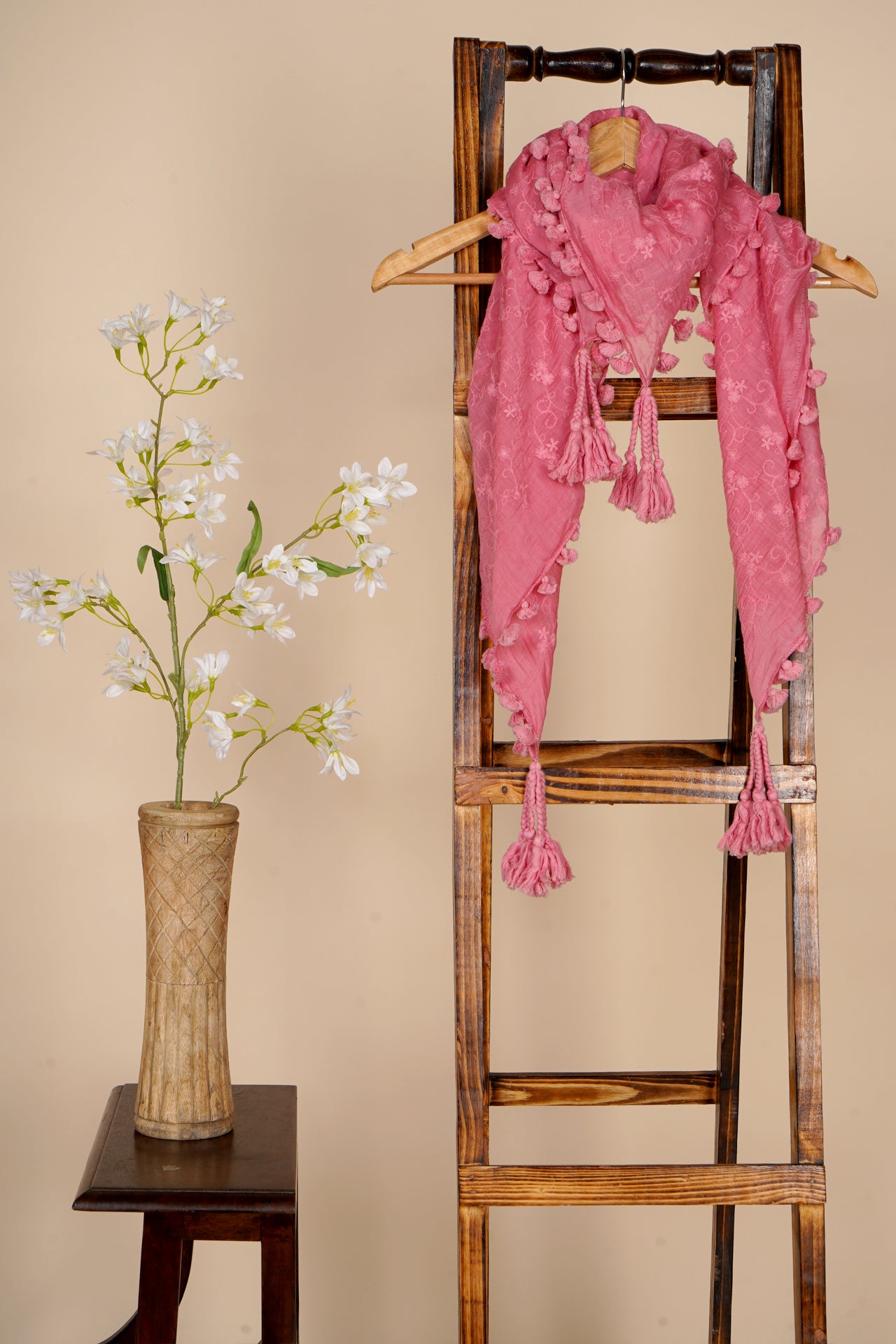 Light Pink Color Embroidered Chanderi Scarves with Tassels