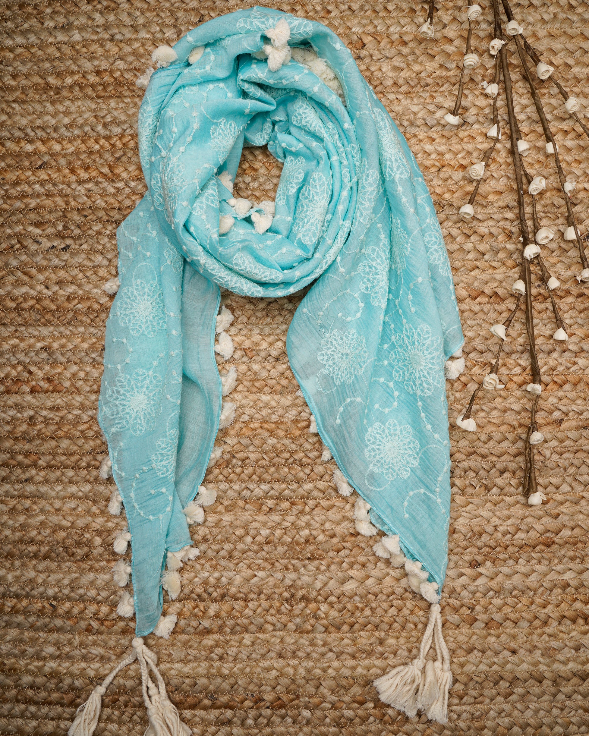 Light Blue Color Embroidered Chanderi Scarves with Tassels