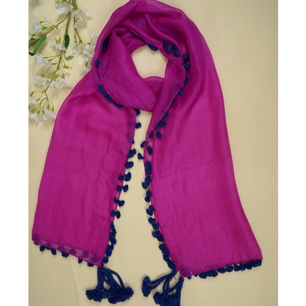 Pink Color Handwoven Tussar Kota Silk Stole with Tassels