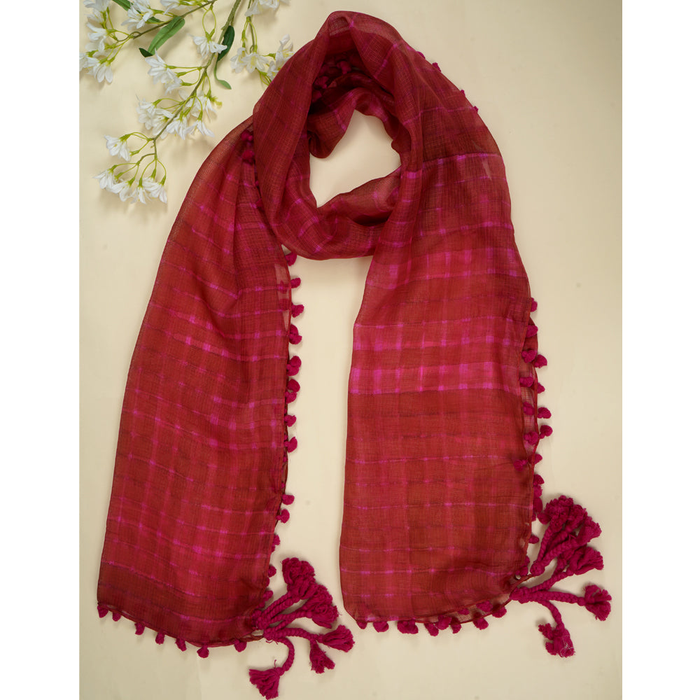 Red Color Handwoven Tussar Kota Silk Stole with Tassels