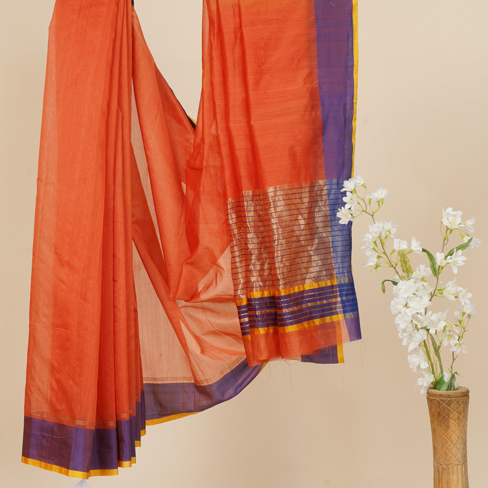 Orange Color Handwoven Pure Chanderi Saree with Blouse Piece