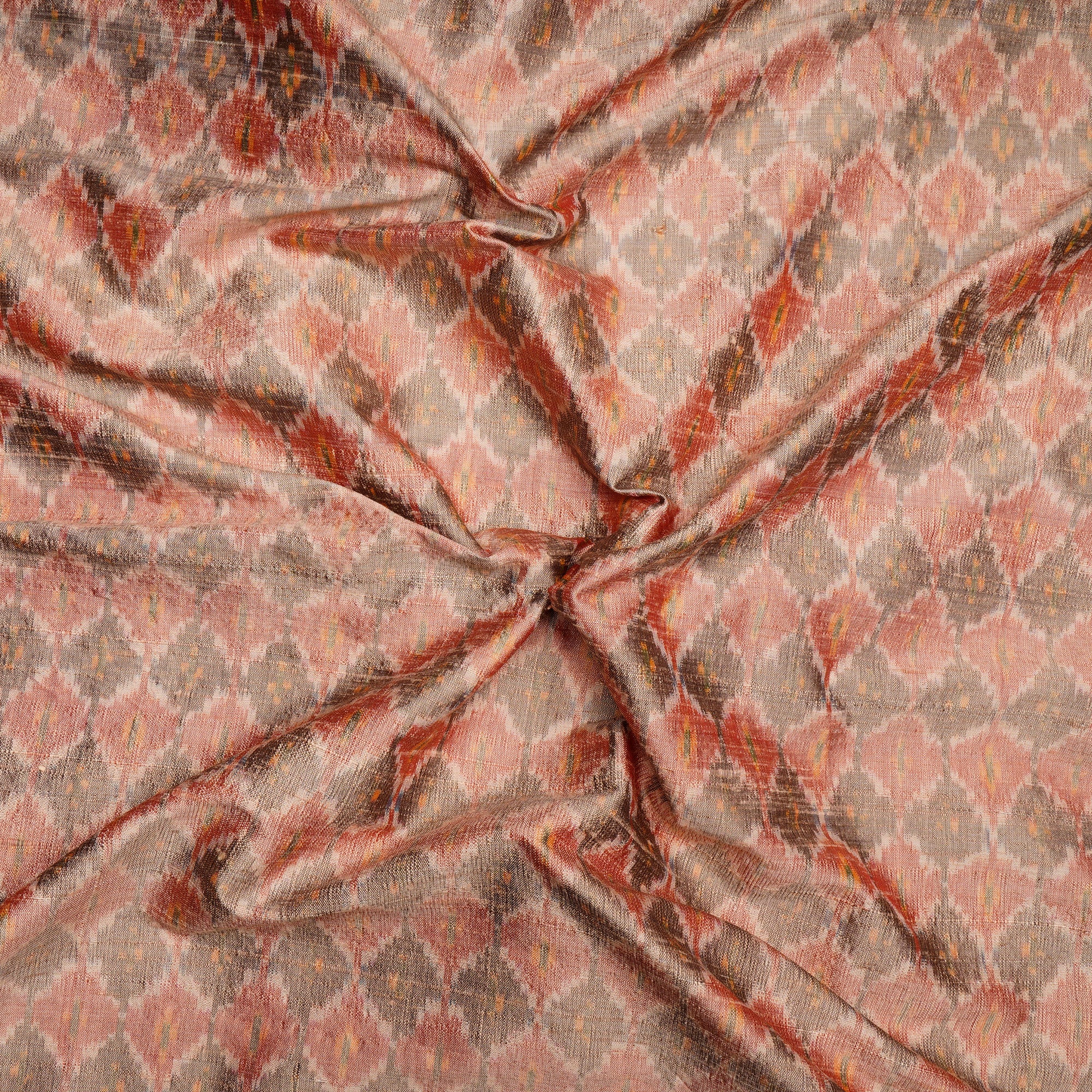 Off Gold-Peach Handwoven Dupion Silk Ikat Fabric
