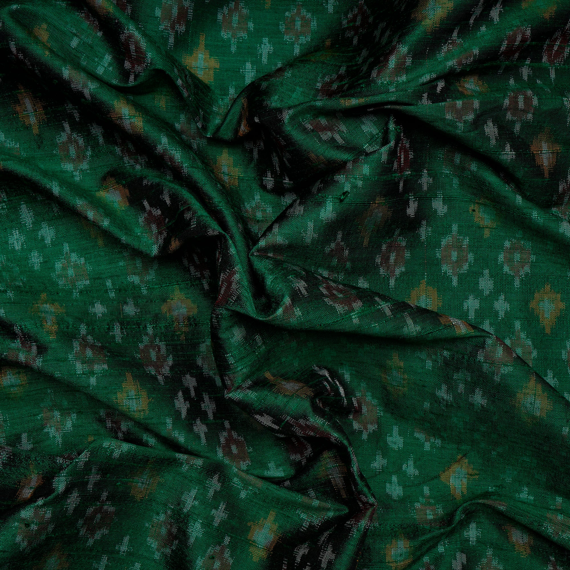 Green Handwoven Dupion Silk Ikat Fabric