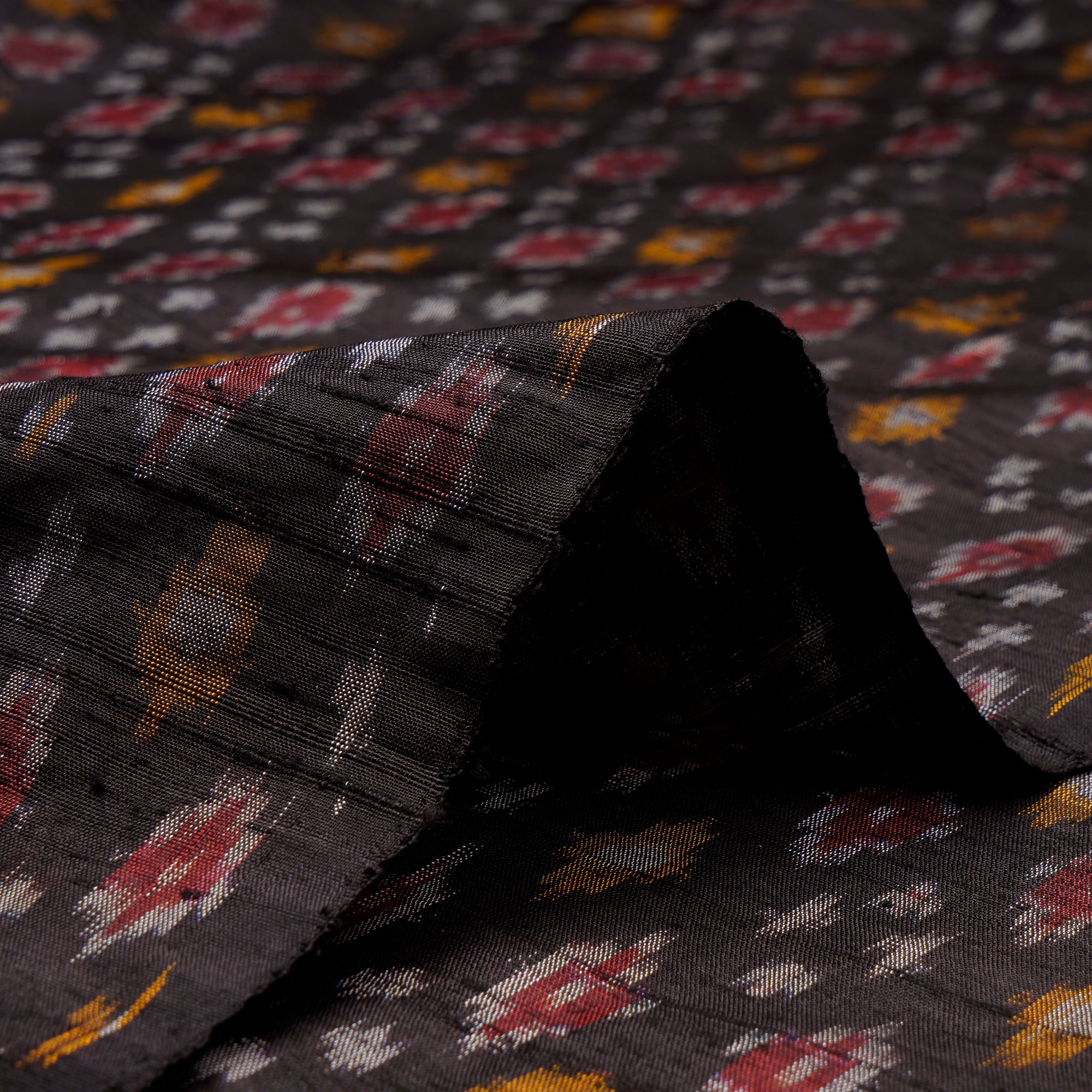 Black Handwoven Dupion Silk Ikat Fabric