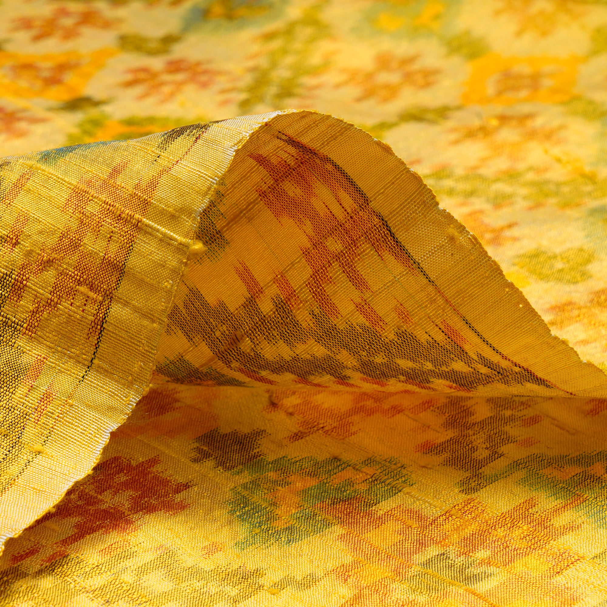 Yellow Handwoven Dupion Silk Ikat Fabric