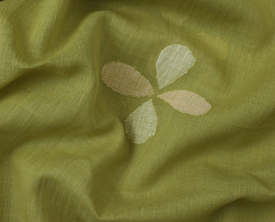 Olive Green Color Handloom Jamdani Pure Cotton Fabric