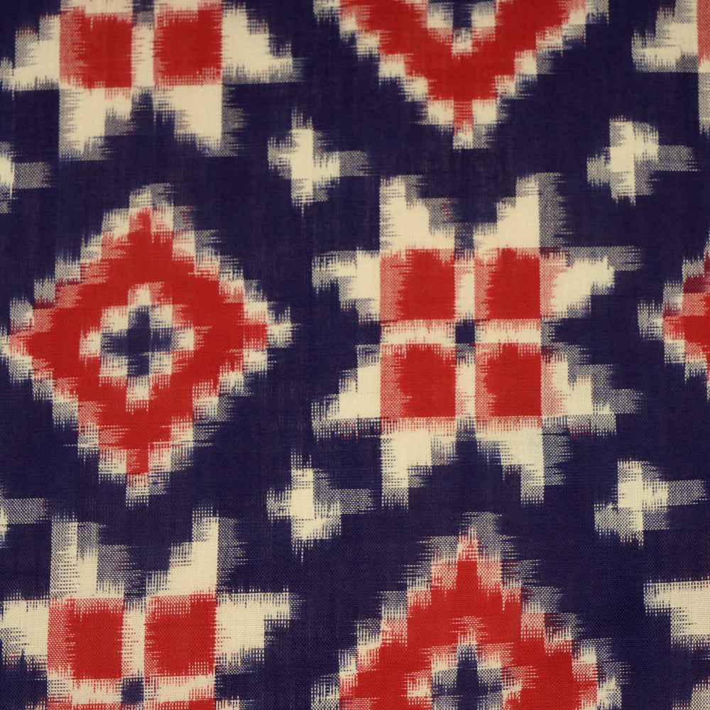 Red-Blue Color Handwoven Telia Rumal Pure Cotton Ikat Fabric