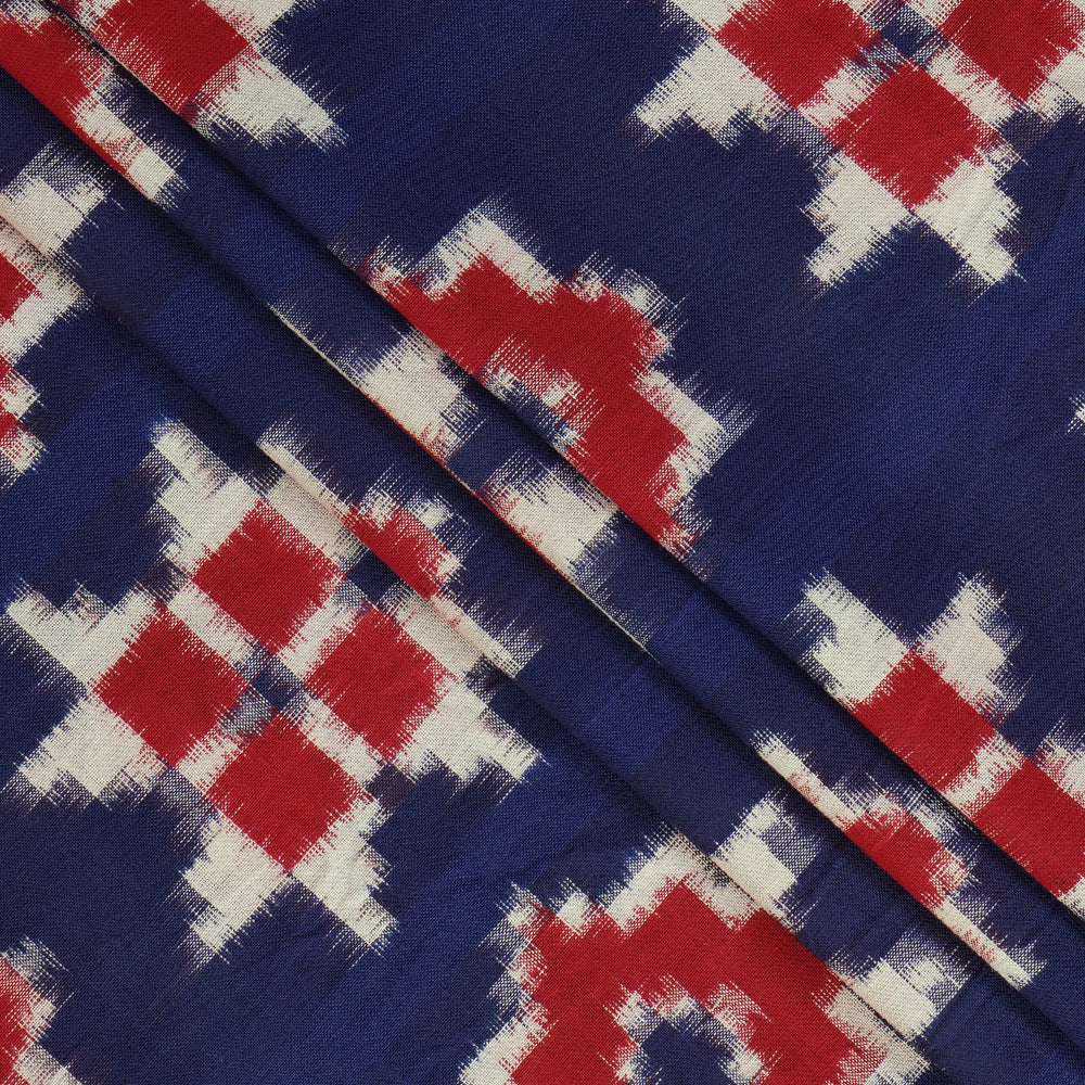 Blue-Red Color Handwoven Telia Rumal Pure Cotton Ikat Fabric