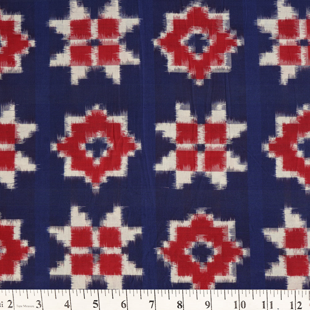 Blue-Red Color Handwoven Telia Rumal Pure Cotton Ikat Fabric
