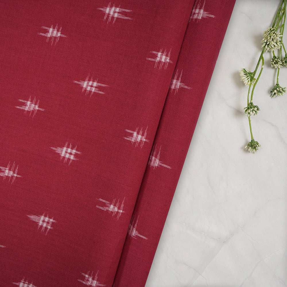 Red Color Washed Woven Double Ikat Cotton Fabric