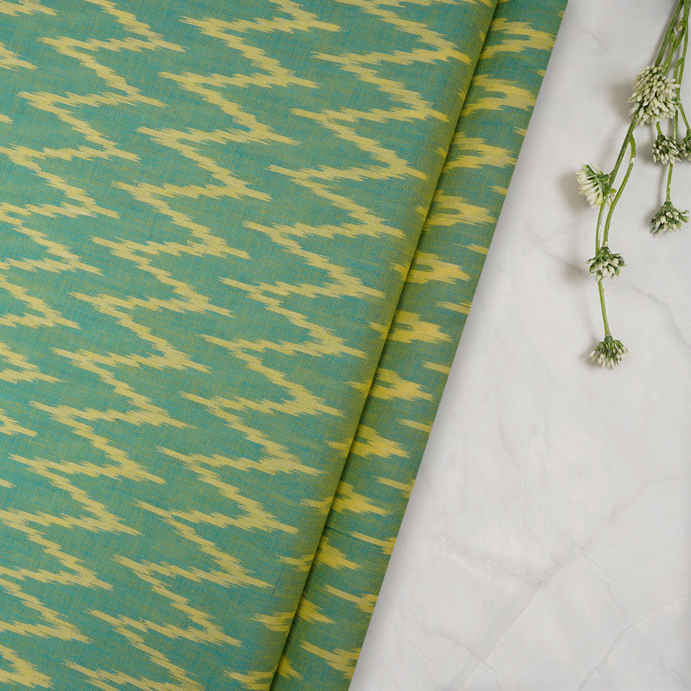 Green - Yellow Color Mercerized Washed Woven Ikat Cotton Fabric