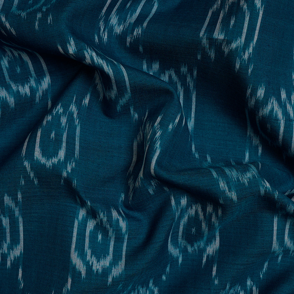 Teal Color Washed Mercerized Woven Ikat Cotton Fabric