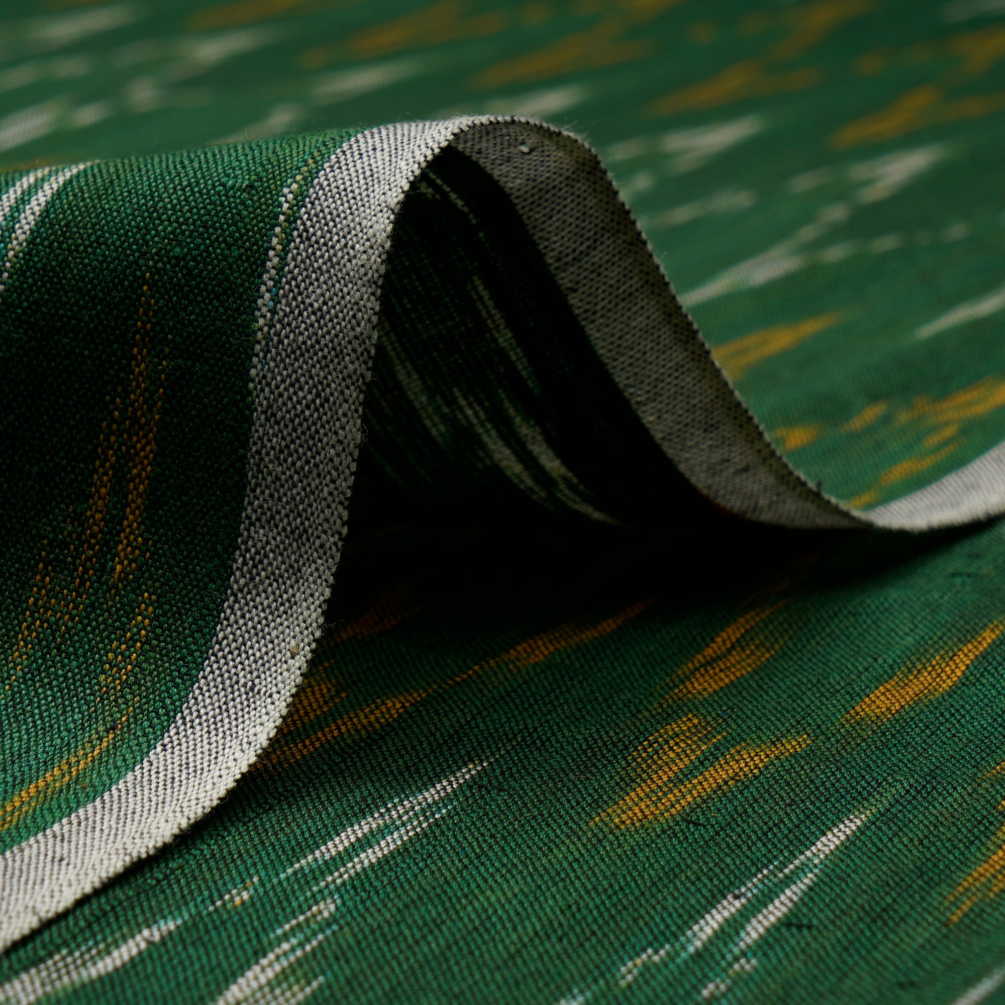 Dark Green Washed Woven Ikat Cotton Fabric