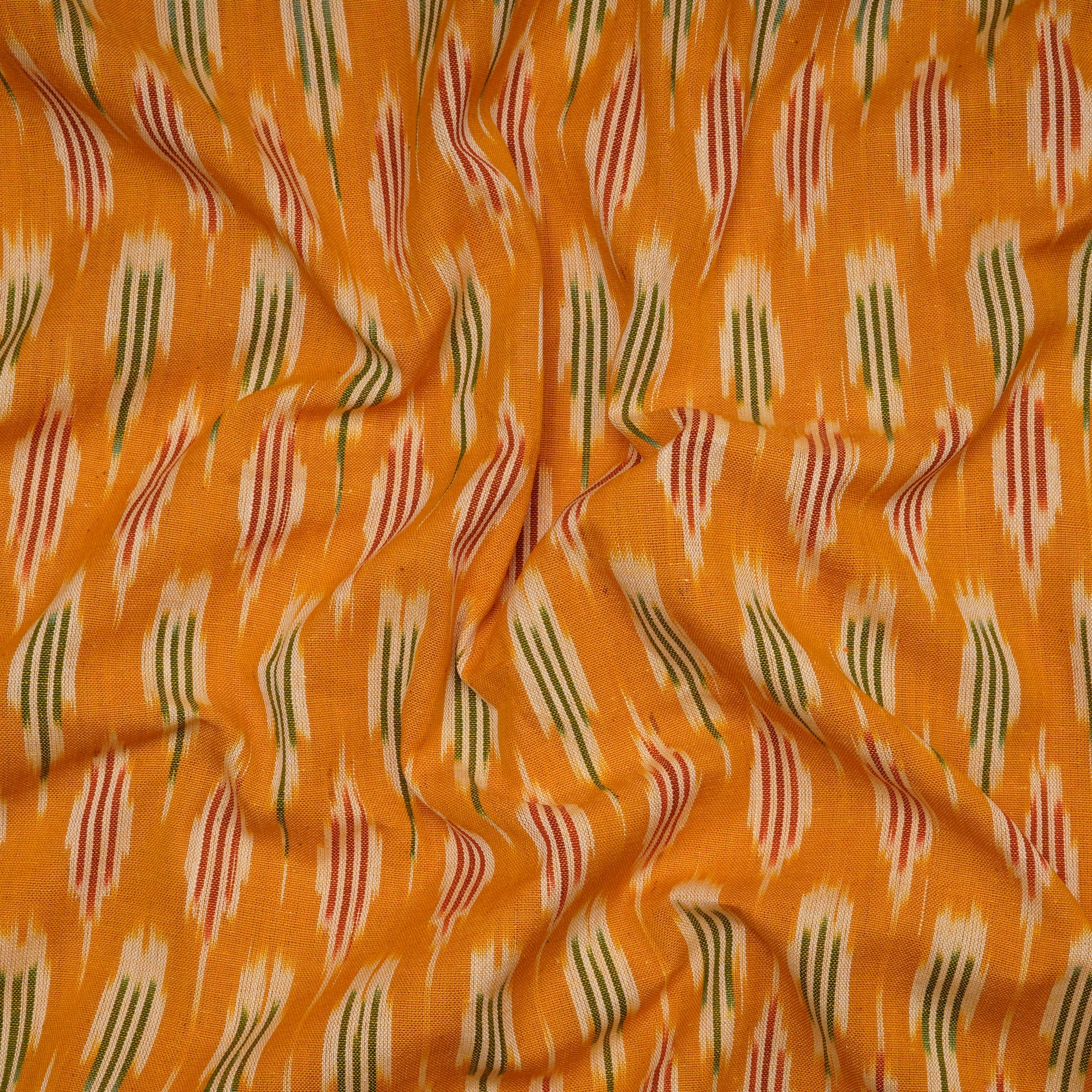 Yellowish Orange Washed Woven Ikat Cotton Fabric
