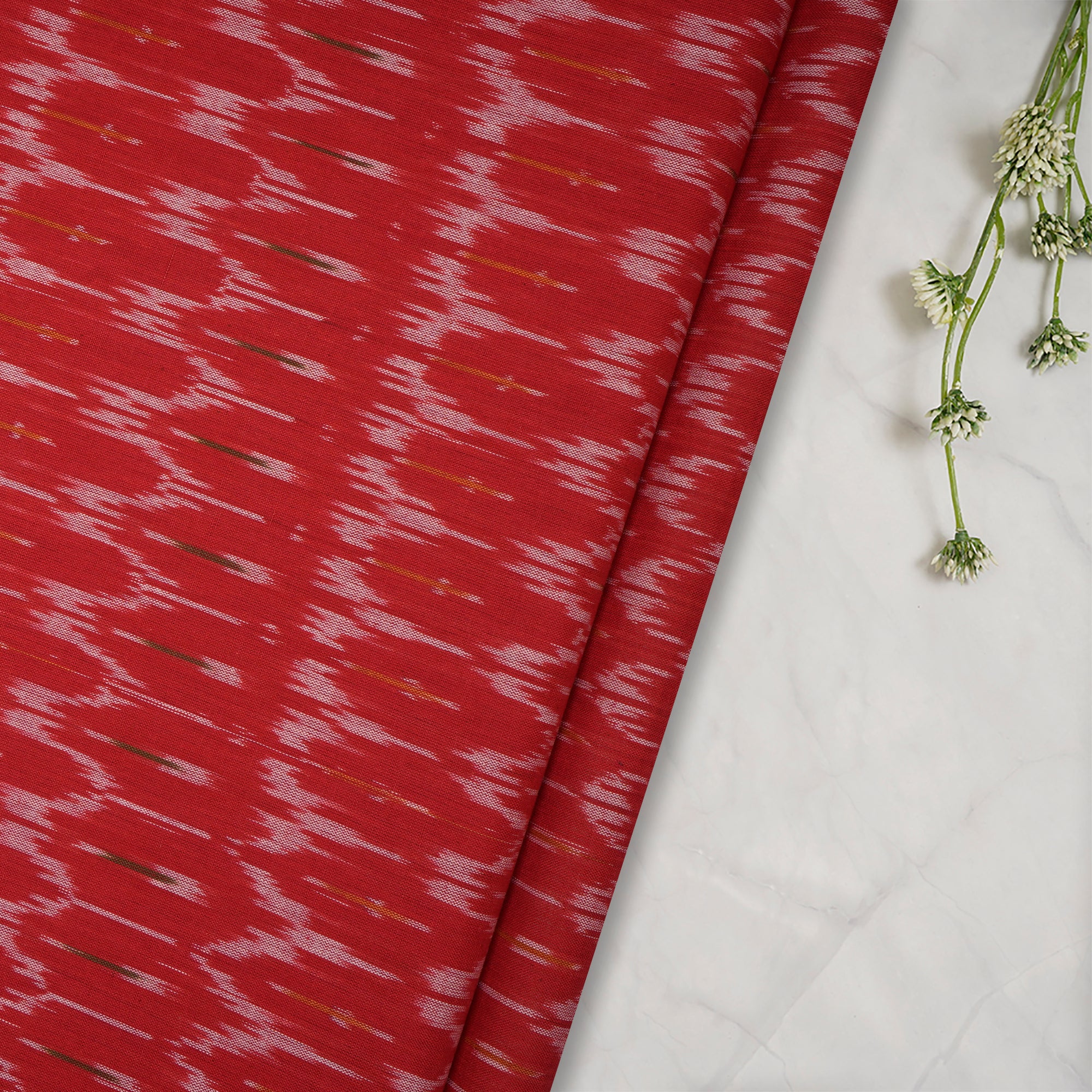 Cherry Red Washed Woven Ikat Cotton Fabric