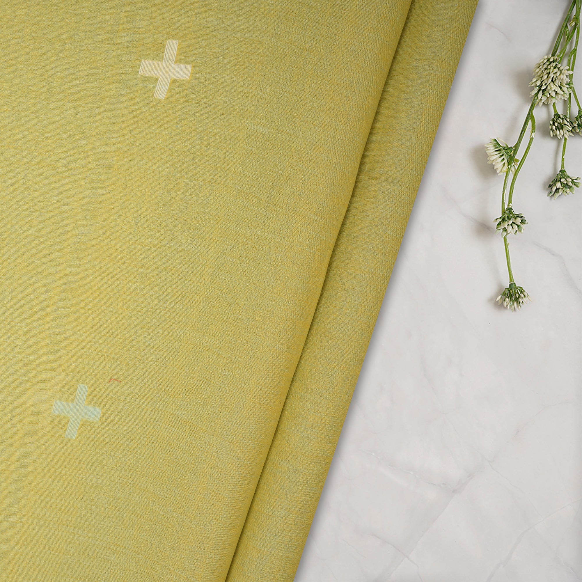 Yellowish Green Jamdani Fine Cotton Handloom Fabric