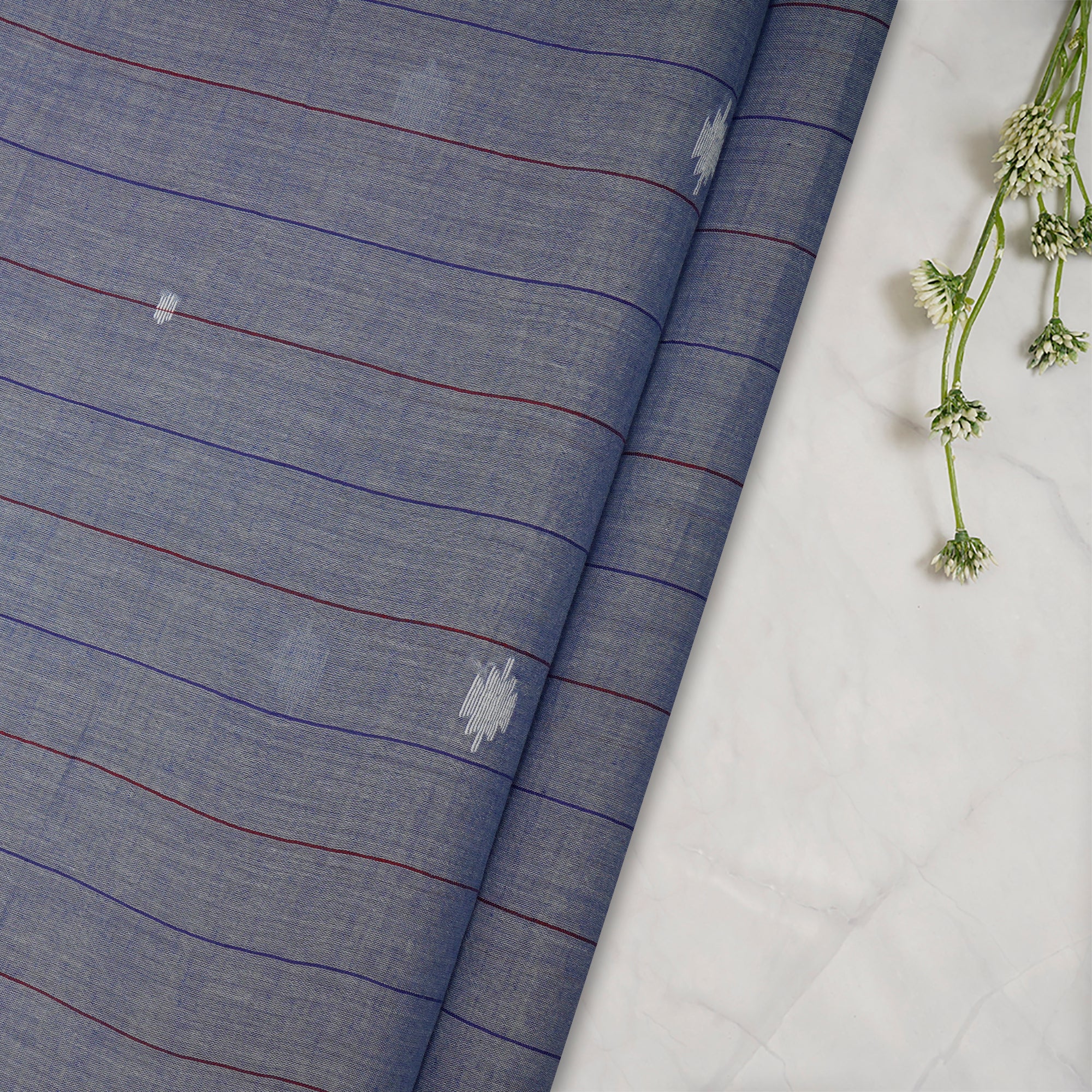 Grey Blue Striped Pattern Jamdani Fine Handwoven Cotton Fabric