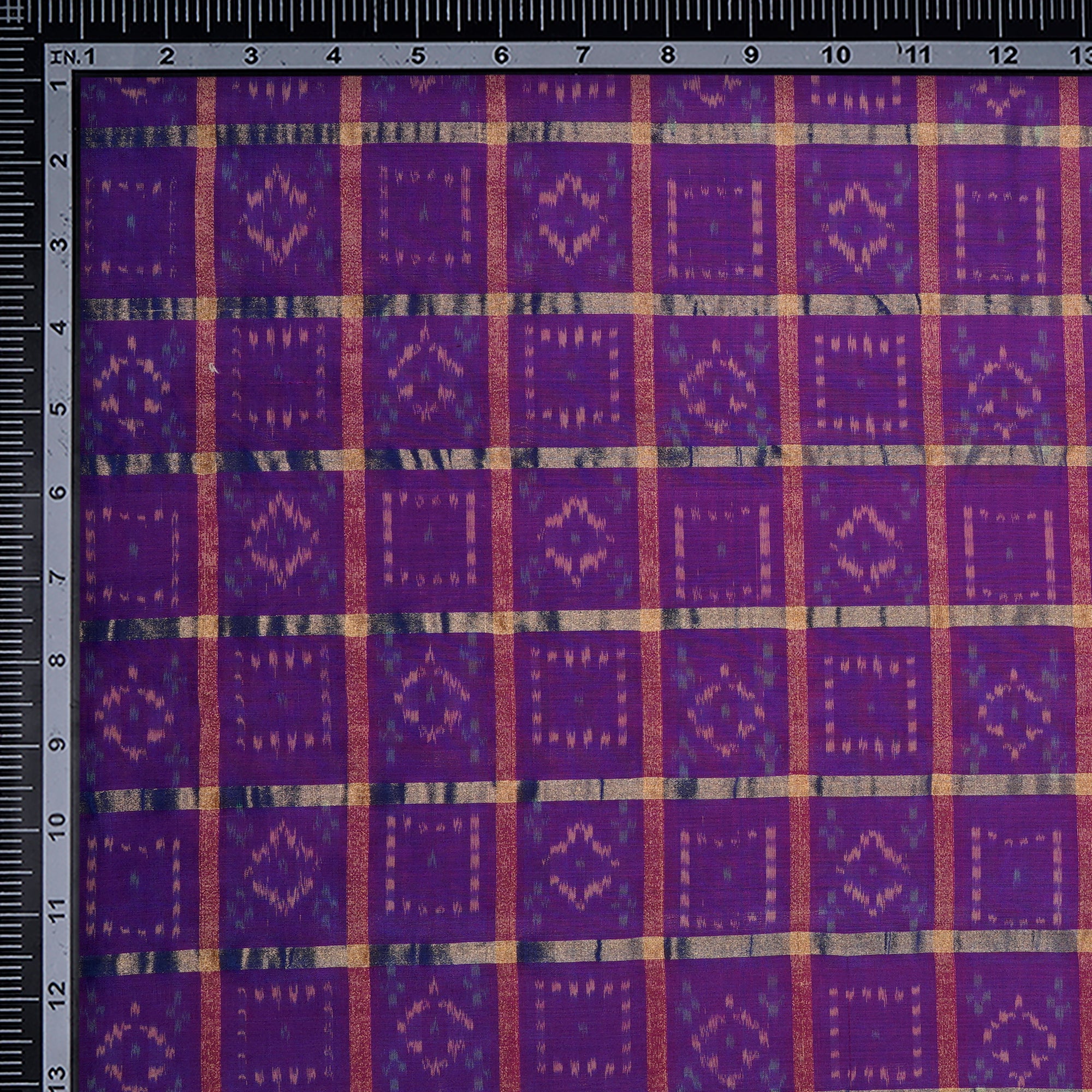 Purple-Gold Hanndwoven Sico Patola Ikat Silk-Cotton Fabric