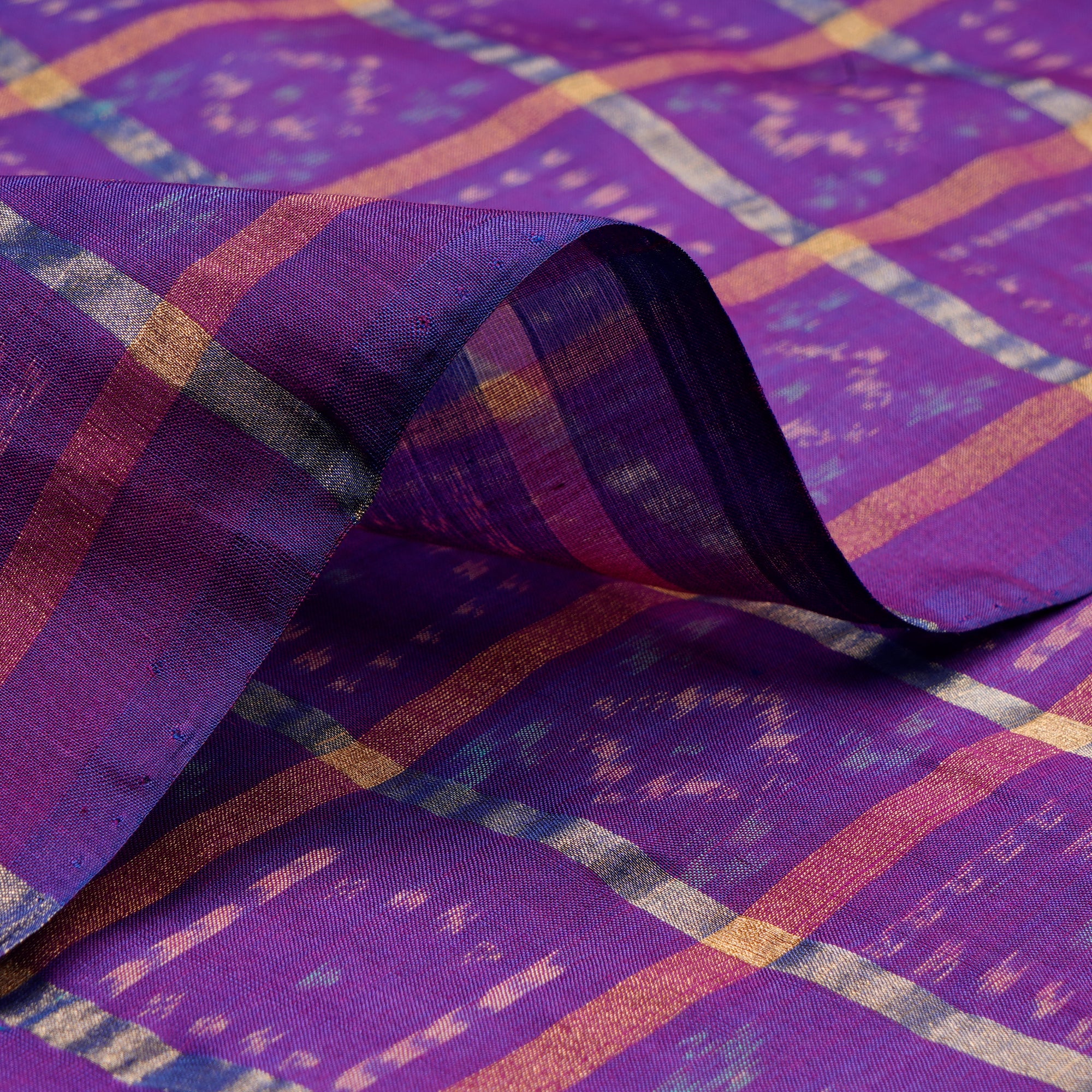 Purple-Gold Hanndwoven Sico Patola Ikat Silk-Cotton Fabric