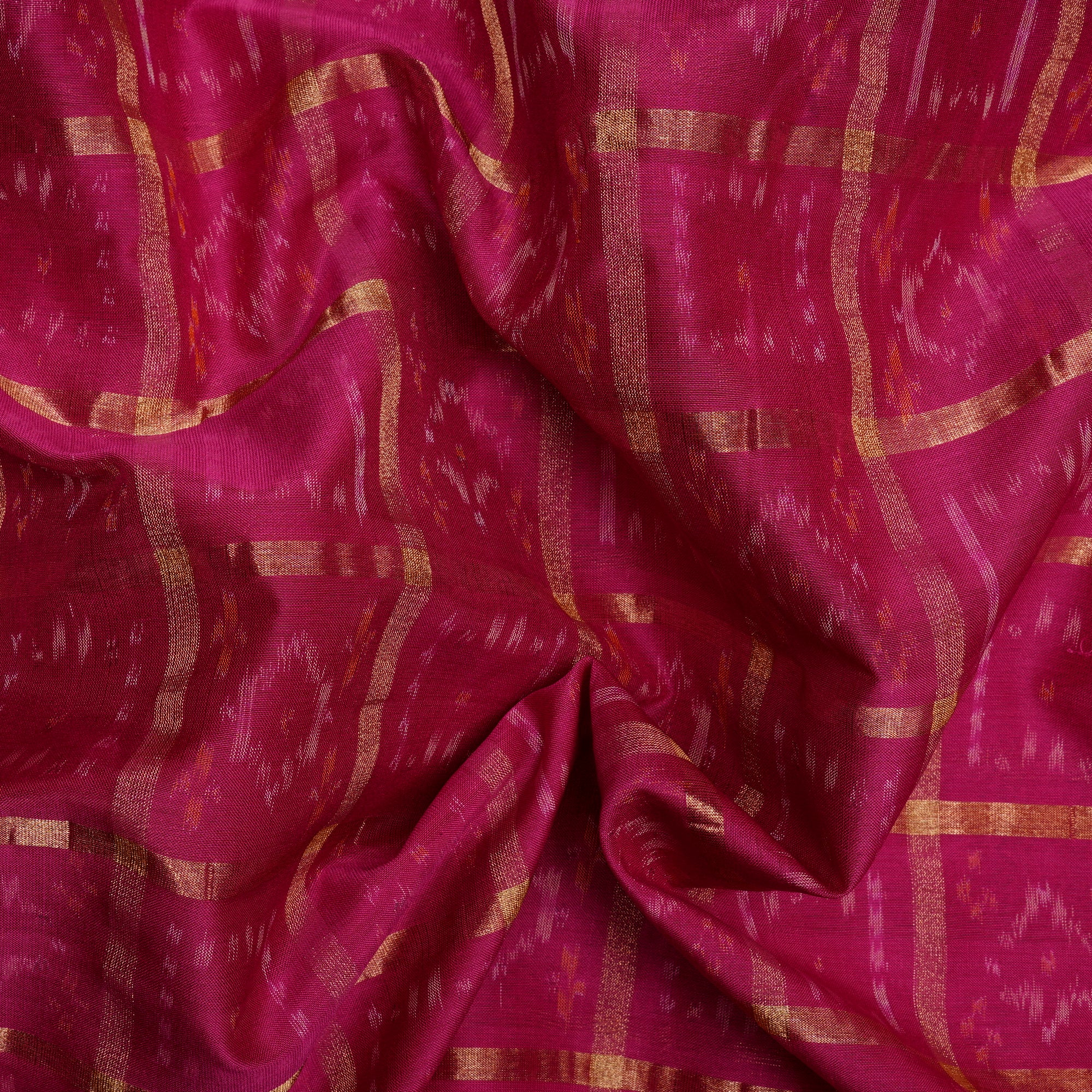 Rani-Pink Gold Hanndwoven Sico Patola Ikat Silk-Cotton Fabric