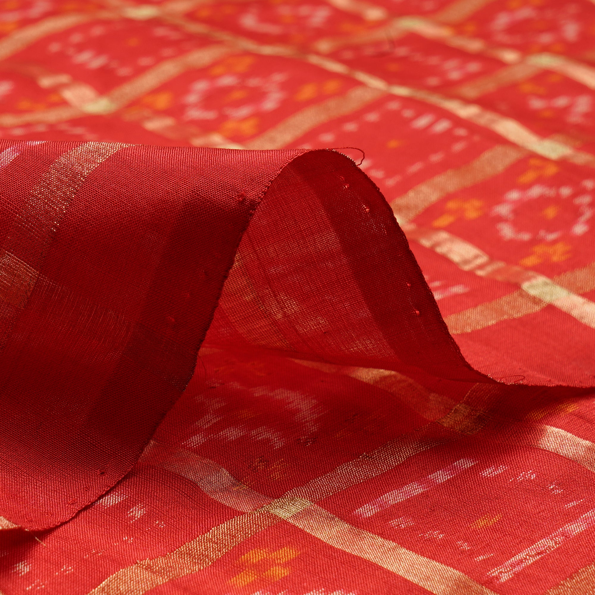 Red-Gold Hanndwoven Sico Patola Ikat Silk-Cotton Fabric