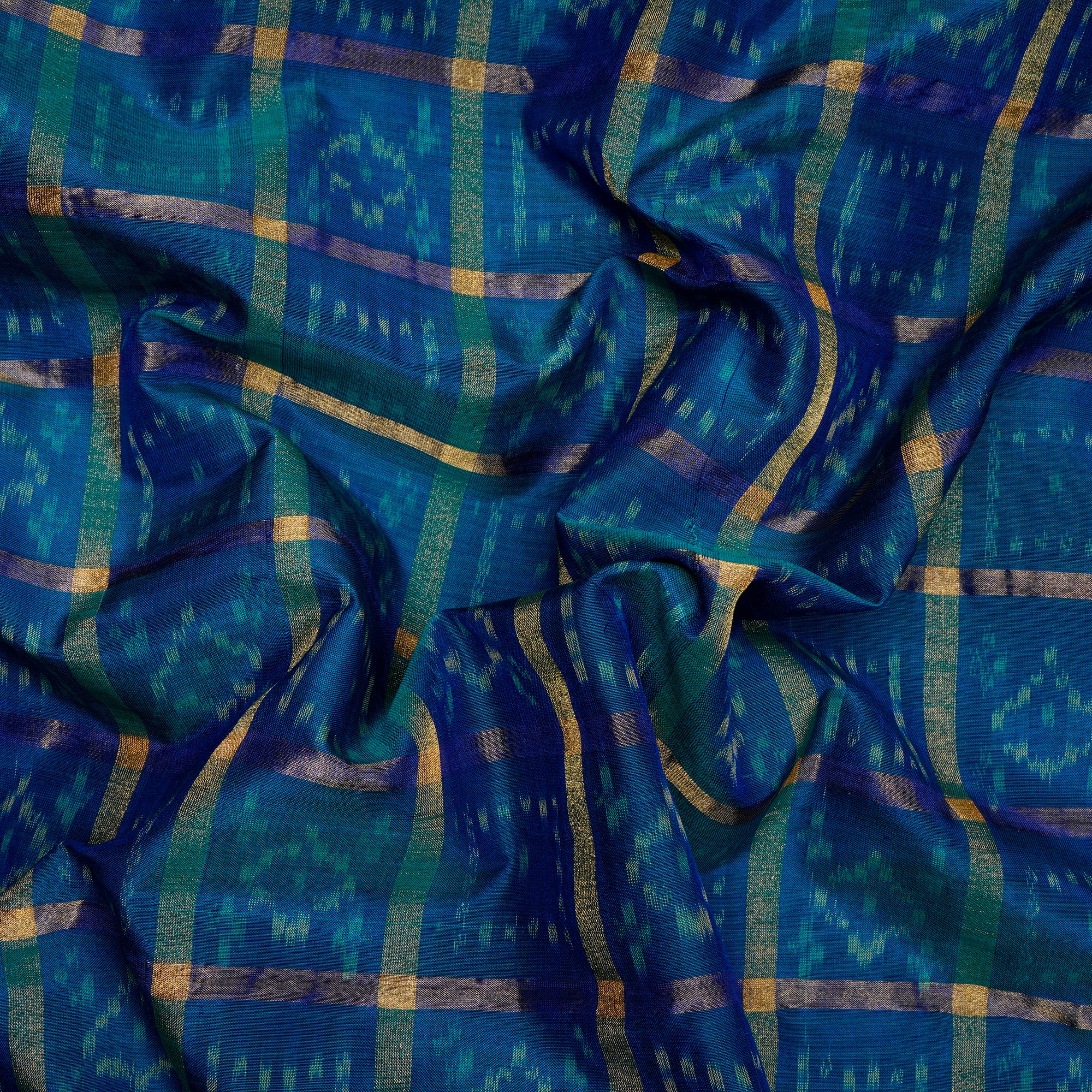 Blue-Gold Hanndwoven Sico Patola Ikat Silk-Cotton Fabric