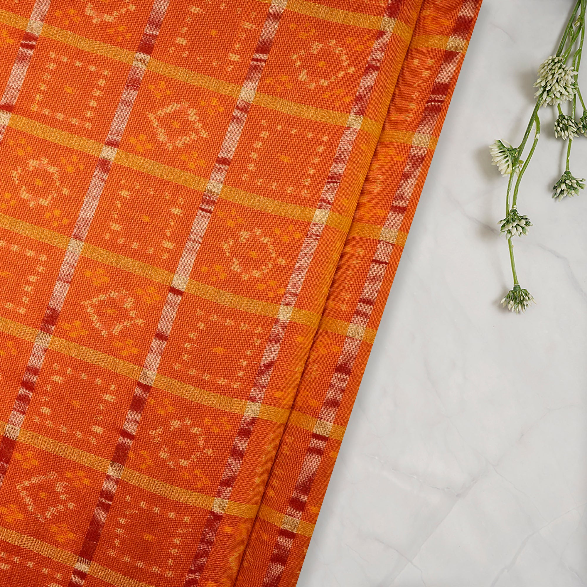 Orange-Gold Hanndwoven Sico Patola Ikat Silk-Cotton Fabric