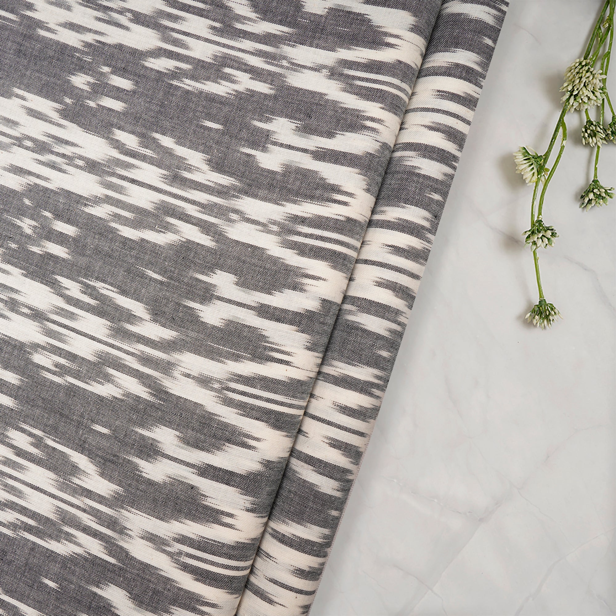 Grey-Off White 2/60 Washed Woven Ikat Cotton Fabric