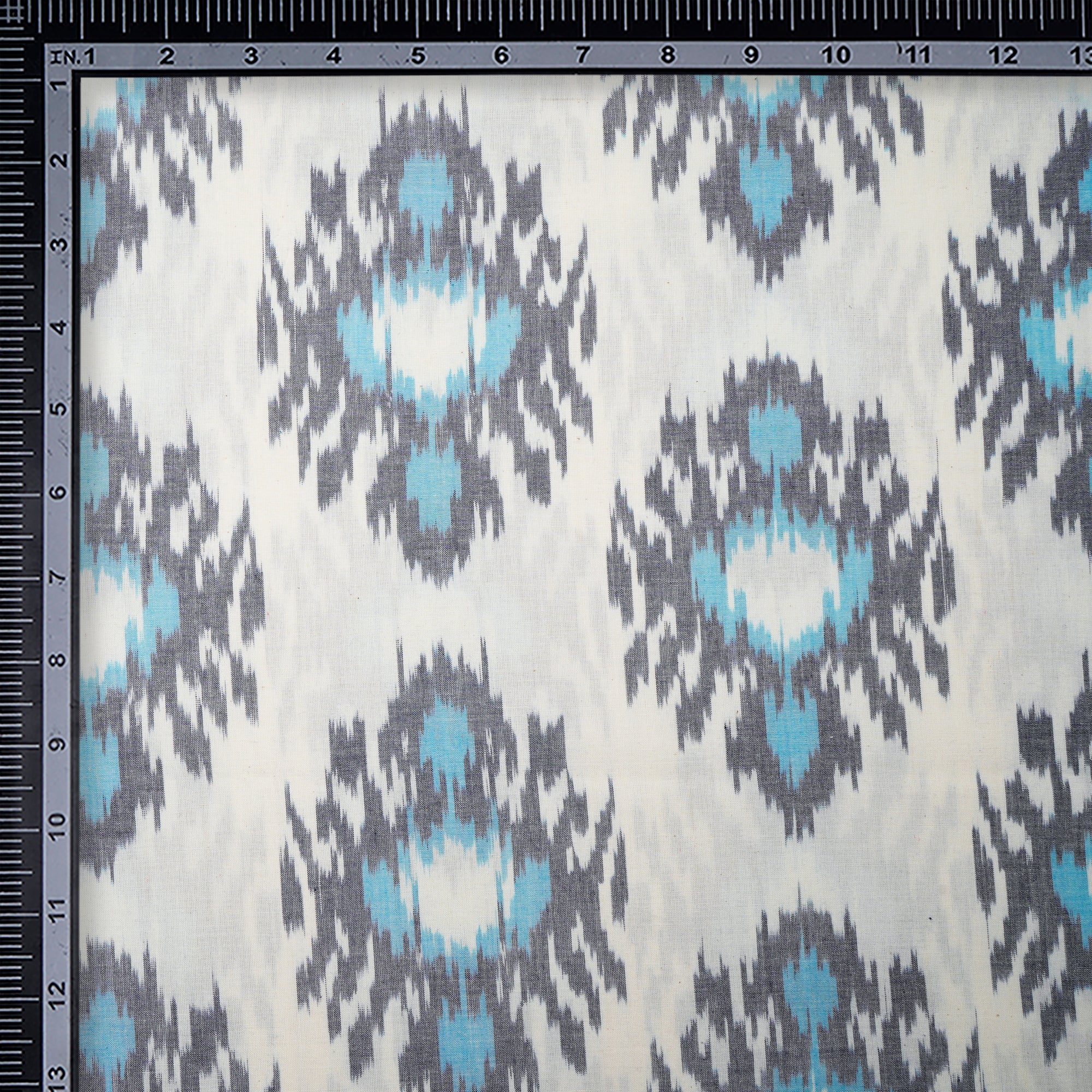 White-Blue Mercerized Washed Uzbek Motif Woven Ikat Cotton Fabric