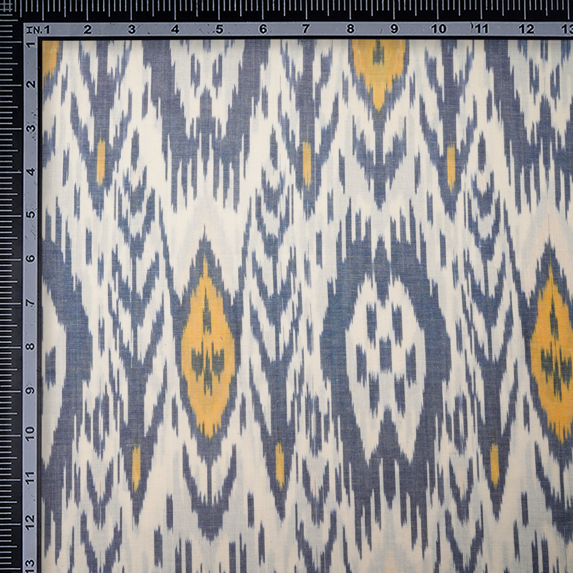 Blue-White Mercerized Washed Uzbek Motif Woven Ikat Cotton Fabric